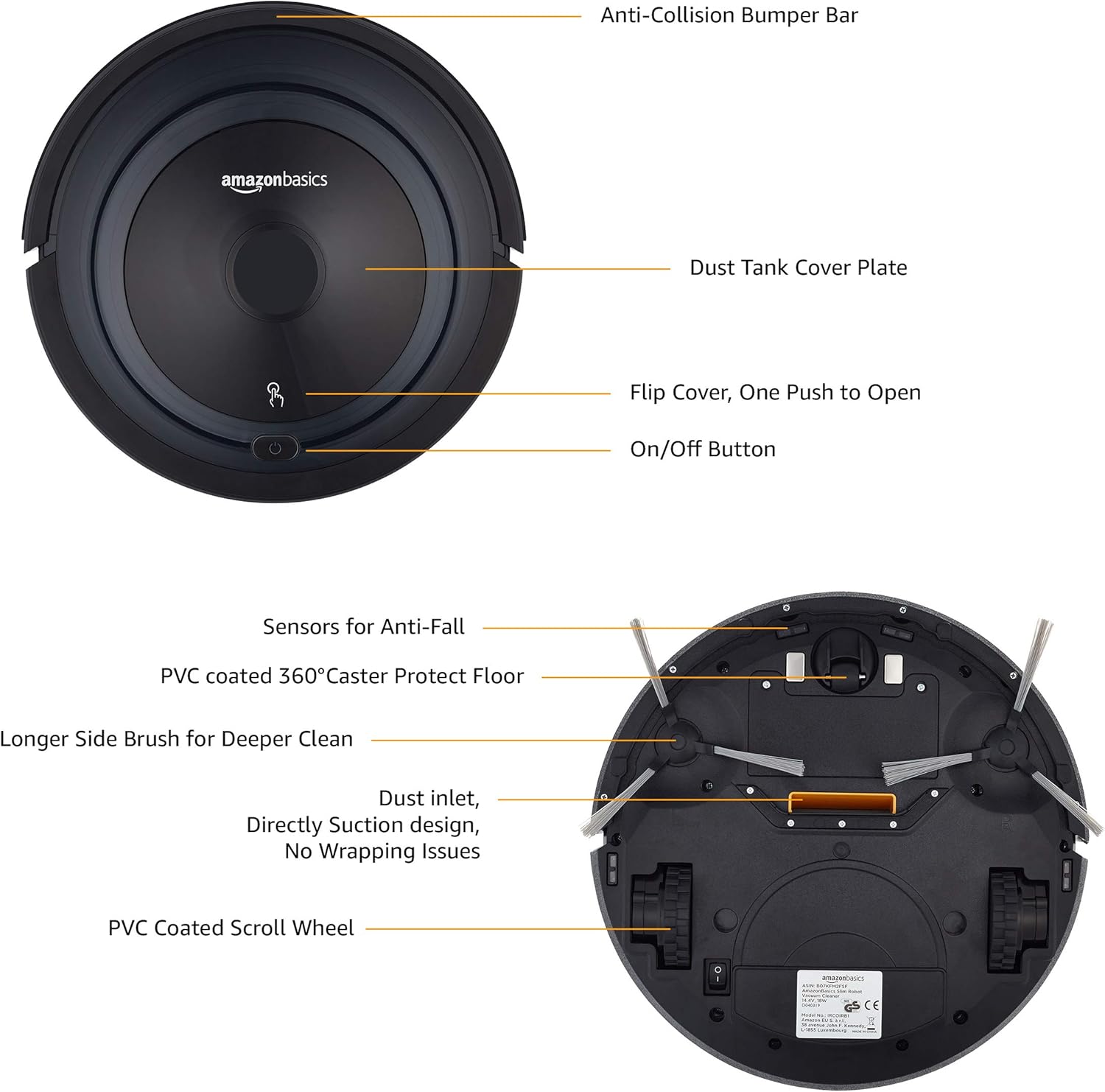 Amazon Basics – Saugroboter, schlankes Design, 18 W (800 Pa), 6 Reinigungsmodi, Anti-Kollisions- & Fallschutz-Sensor, Kabellos, Kompakt,Rad, automatische Aufladung, Fassungsvermgen 0,35 l