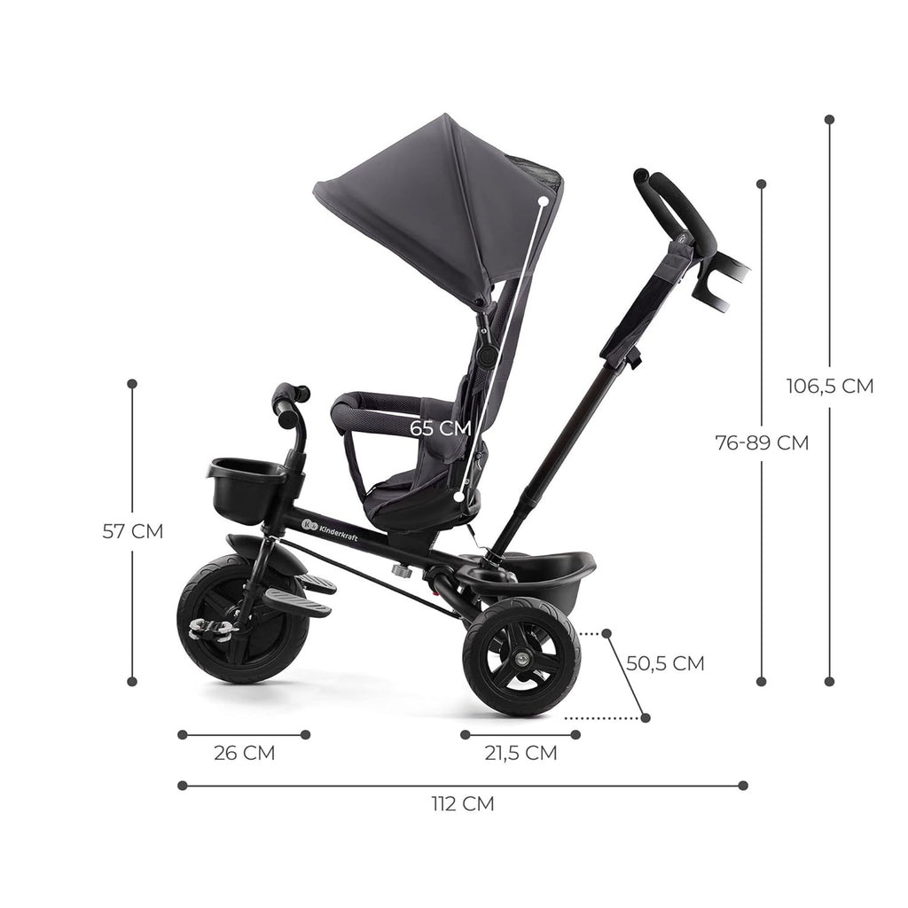 Kinderkraft AVEO Dreirad ab 9 Monate bis 25 kg, Kinderdreirad mit schubstange, Kompakte zusammenklappen, drehbarer Sitz, ausklappbarem Verdeck mit sonnenschutz, Getränkehalter korb im set, Rosa