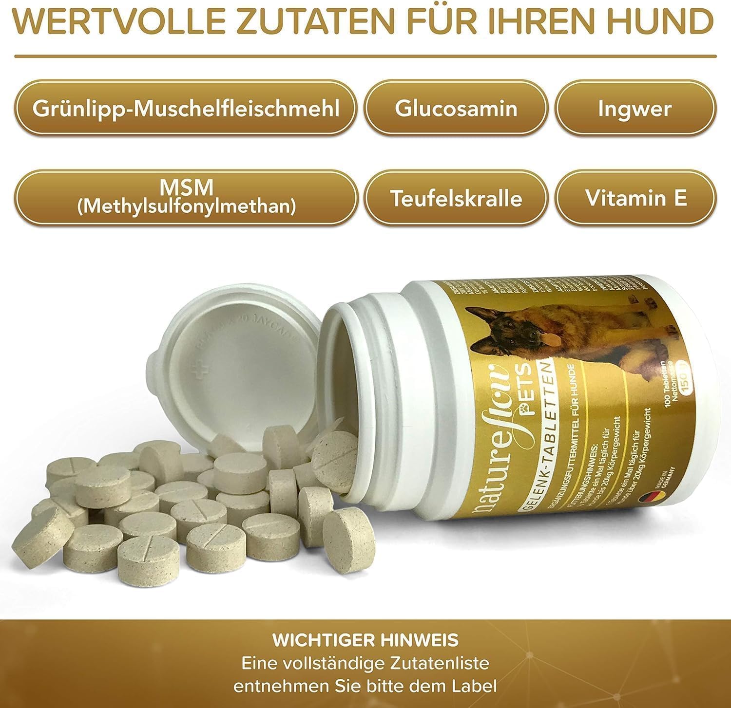 NATUREFLOW Compresse Articolari Cani – Confronto MOLTO BUONO Made in Germany con Cozza Verde, MSM e Artiglio del Diavolo - Non capsule, elevata accettazione Compresse Articolari Cane - 300 Pezzi Fornitura