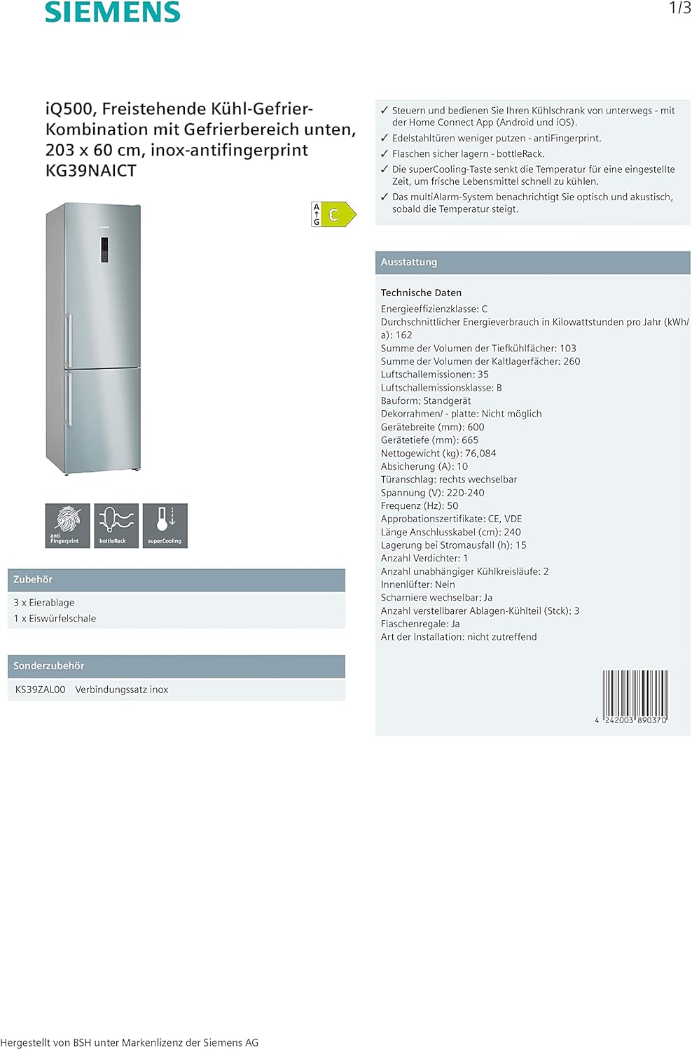 SIEMENS KG39EAICA iQ500 Frigorifero con congelatore, 201 x 60 cm, 249 L frigorifero + 94 L congelatore, LowFrost sbrinamento meno frequente, illuminazione a LED uniforme, BigBox spazio per alimenti congelati di grandi dimensioni