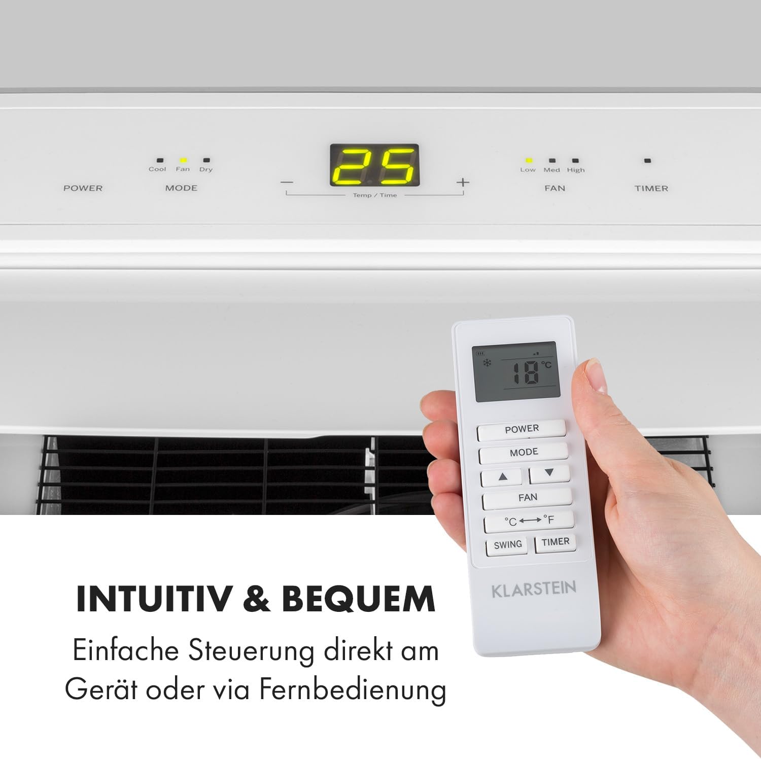 Klarstein Condizionatore Portatile 3 in 1 con Tubo di Scarico, Ventilatore, Deumidificatore e Modalità Notte, Climatizzatore Piccolo e Portatile per Casa e Ufficio, 12000 BTU Basso Consumo