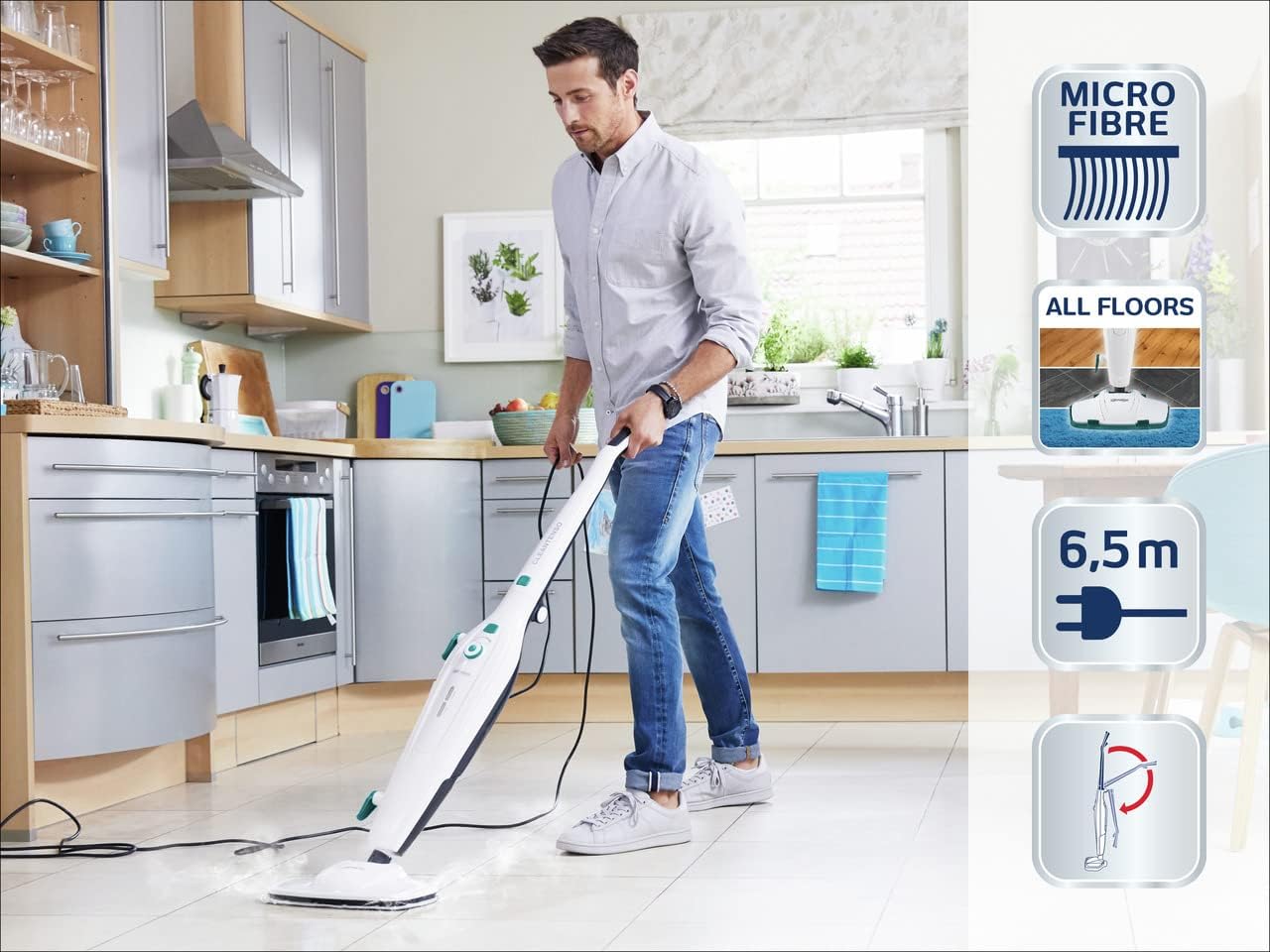 Leifheit Pulitore a vapore CleanTenso Power 2.0 con vapore caldo contro i batteri, Mop a vapore con tempi di riscaldamento brevi e 50 minuti di autonomia, Scopa a vapore per la pulizia degli angoli, Spazzola a vapore dal design moderno