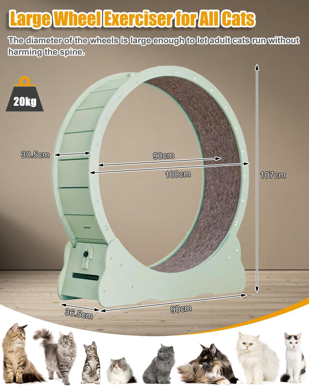 MIWOOYY Katzenlaufrad Großes Laufrad für Katzen 100cm – Schwarzes Katzenrad aus Massivholz für Drinnen Katzen, Sicherheits Katzen Laufrad mit Schloss und Minimiertem Spaltdesign