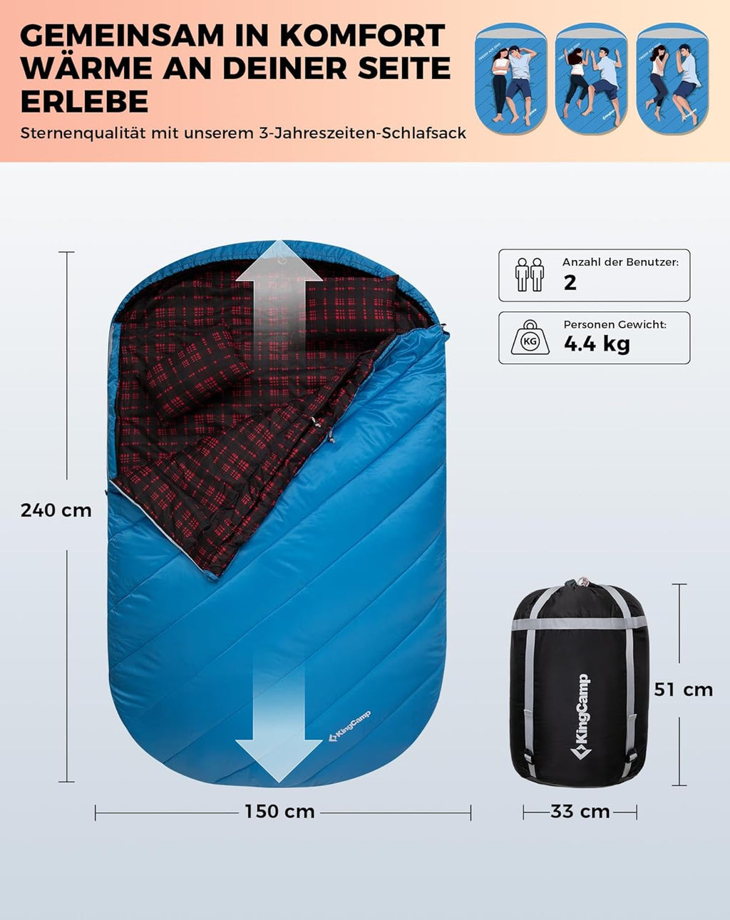 KingCamp Doppelschlafsack Flanell, Schlafsack 2 Personen, Schlafsack 3-4 Jahreszeiten, wasserfest, warm und komfortabel, verpackbar Schlafsack Outdoor