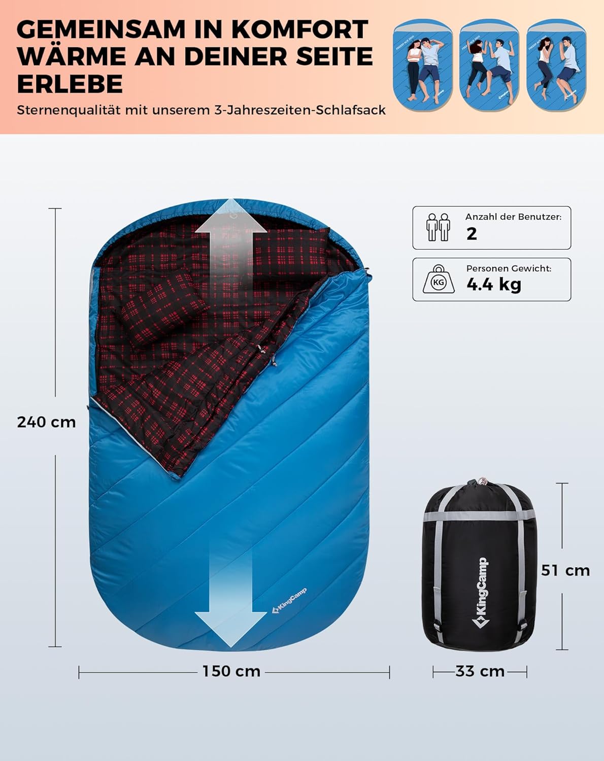 KingCamp Doppelschlafsack Flanell, Schlafsack 2 Personen, Schlafsack 3-4 Jahreszeiten, wasserfest, warm und komfortabel, verpackbar Schlafsack Outdoor