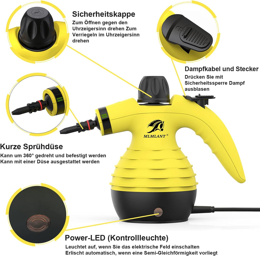MLMLANT Handgert Dampfreiniger 350ML Wassertank mit Handdampfreiniger Druck mit 9-teiliges Zubehr für, Teppiche,Vorhnge,Autositze,Küche,olstermbel Kleines,Sofa, Steam Cleaner,Dampfente