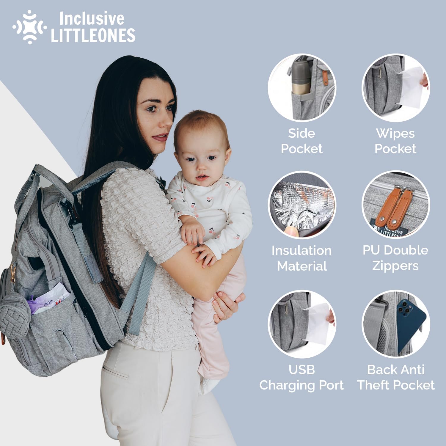 Inclusive LittleOnes Wickeltasche mit Wickelstation, Babytasche für Jungen und Mädchen, wasserdichtes Oxford, großes Fassungsvermögen, USB-Ladeanschluss, Schnulleretui, reisefreundliche und