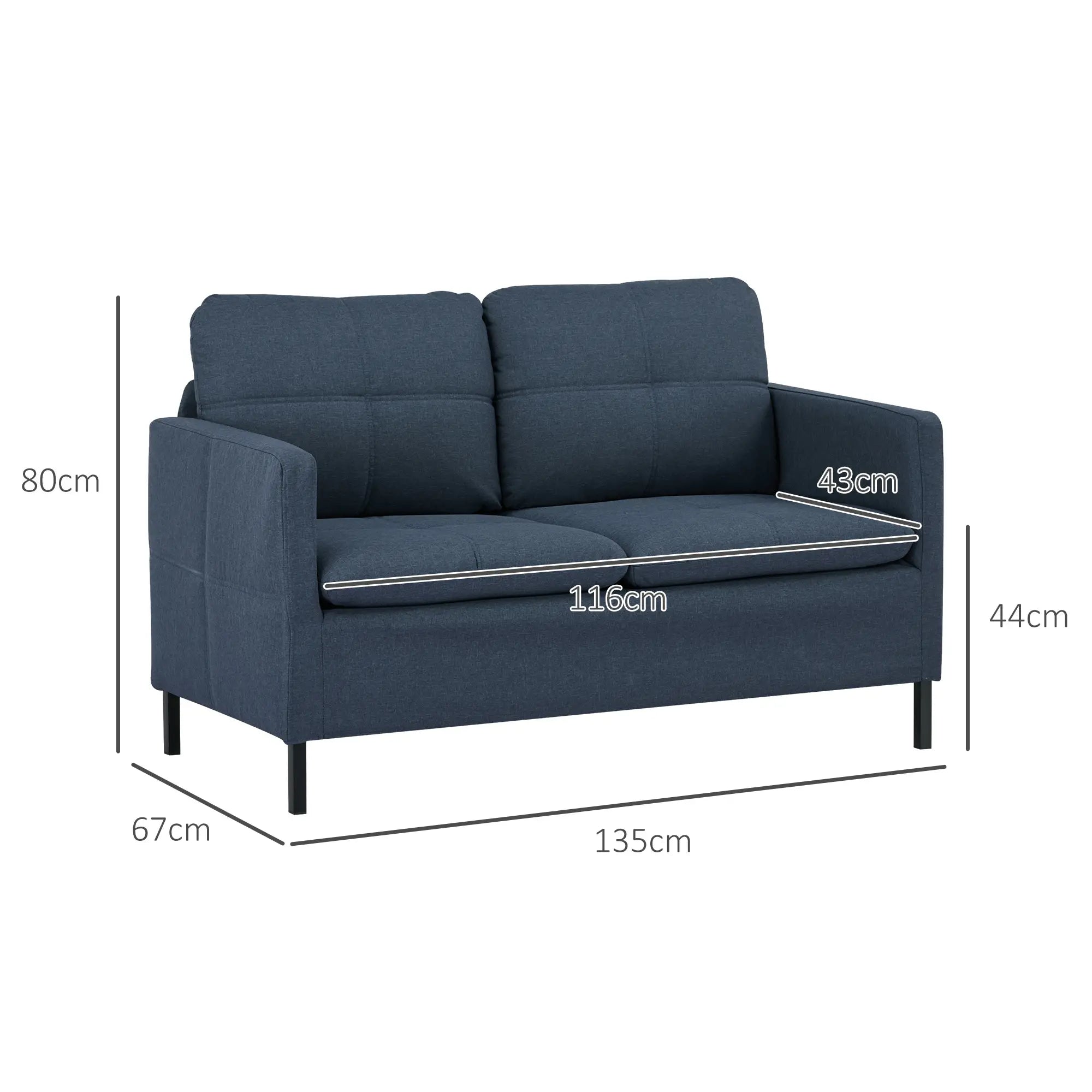 HOMCOM Divano a 2 Posti con Effetto Lino e Gambe in Acciaio, Blu Scuro
