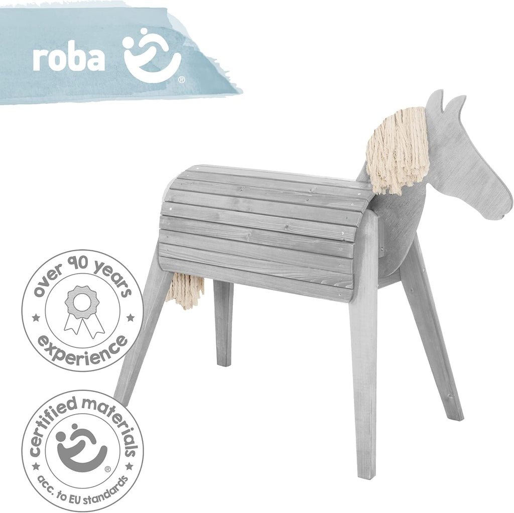 roba Holzpferd für den Garten - Voltigierpferd mit Mähne und Schweif - Spielpferd zum Turnen und Reiten - Holz massiv - Grau lasiert