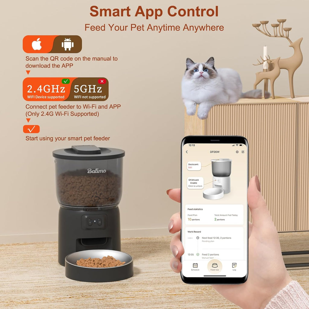 Balimo Futterautomat Katze mit HD 1080P Video, 2,4 G WLAN Katzenfutter Automat mit APP Steuerung und Nachtsicht, 4L futterspender Katze, Katzen Futterautomaten mit Edelstahlnapf, 8 Mahlzeiten pro Tag