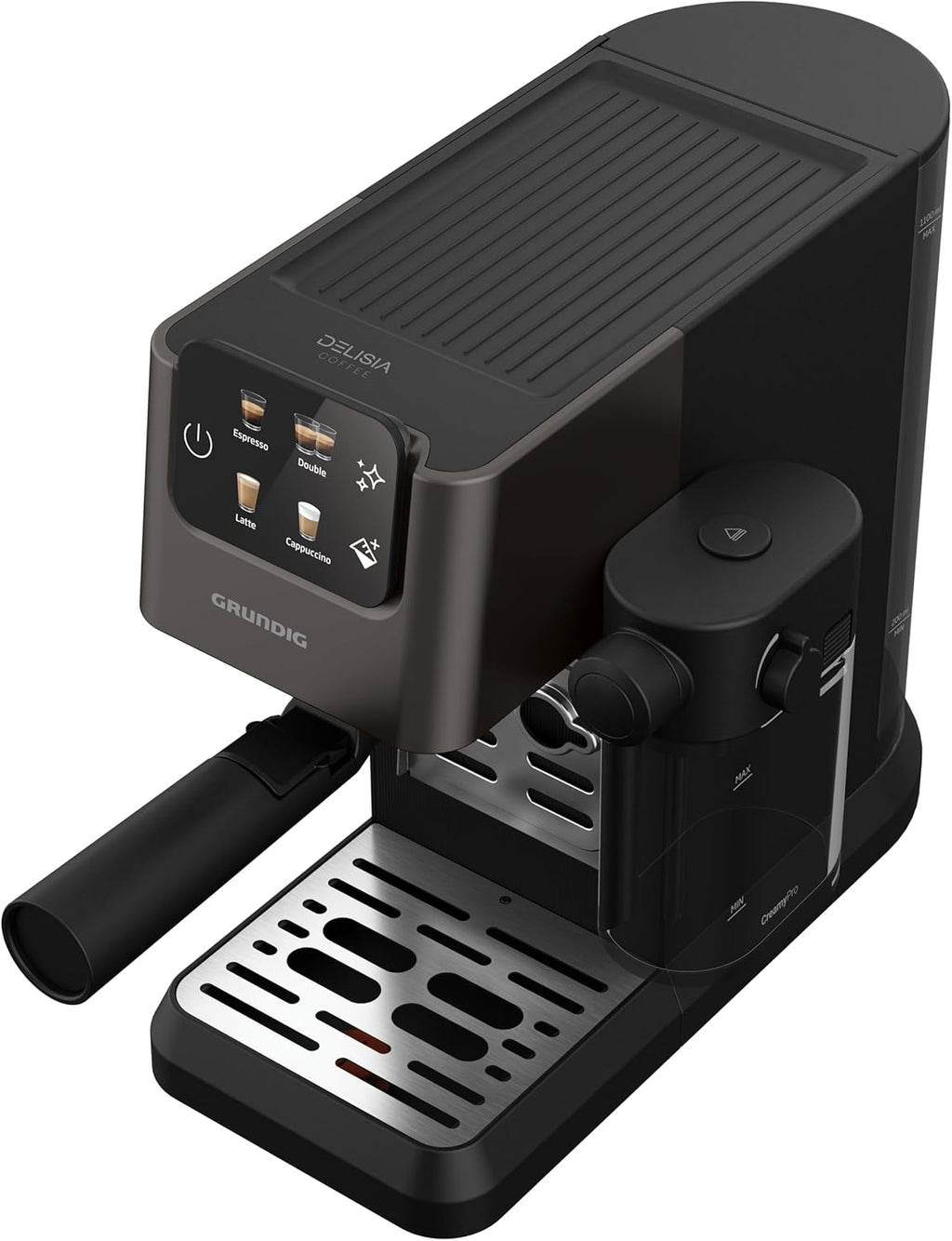 GRUNDIG KSM 5330 Macchina da caffè con portafiltro e contenitore per il latte integrato, 1628 W di potenza, 15 bar di pressione della pompa, ugello doppio, display touch a colori, BrewSense, CreamyPro, Inox scuro/Nero
