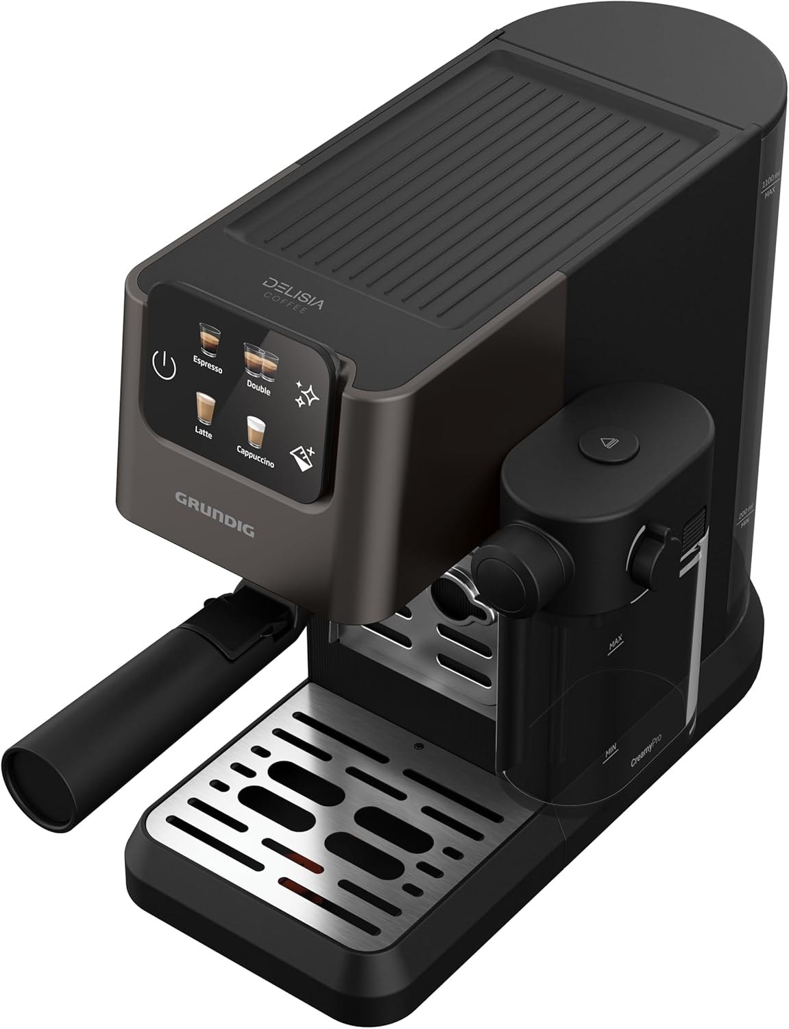 GRUNDIG KSM 5330 Macchina da caffè con portafiltro e contenitore per il latte integrato, 1628 W di potenza, 15 bar di pressione della pompa, ugello doppio, display touch a colori, BrewSense, CreamyPro, Inox scuro/Nero