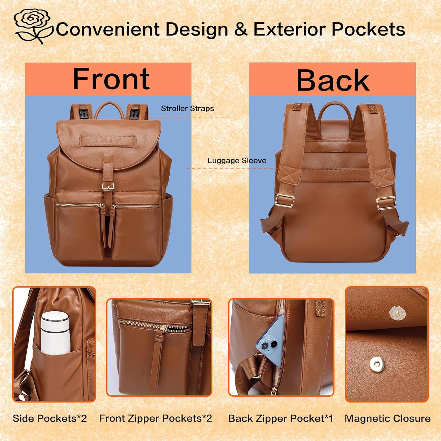 Borsa fasciatoio in pelle, zaino per mamma e papà, con tasca per bagnato e asciutto e fasciatoio, ben organizzato.