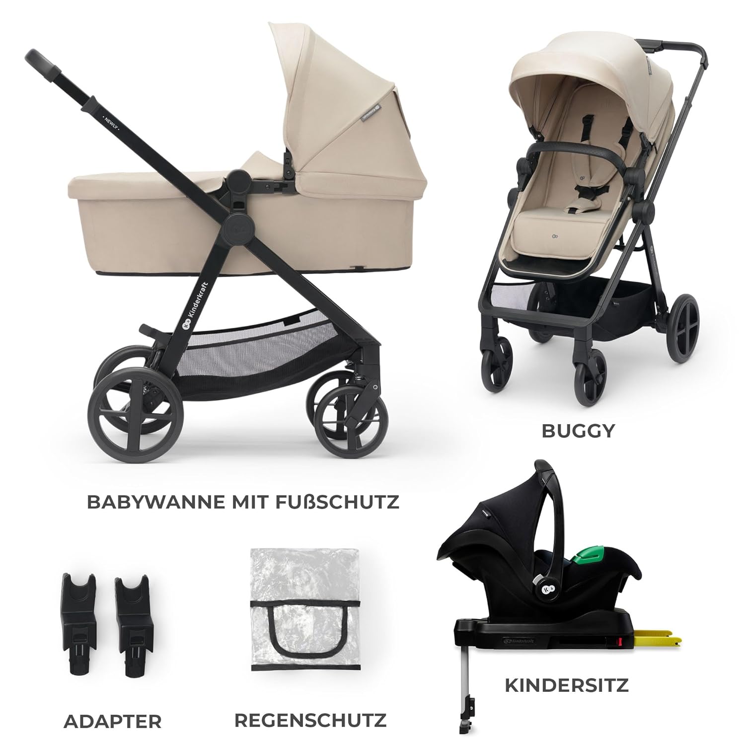 Kinderkraft NEWLY Kinderwagen 3 in 1, Komplettset bis 22 kg, Kindersitz I-Size 40-75 cm im set, Kombikinderwagen mit Fußsack, wasserfestes Verdeck mit UPF50+, Zusammenklappen, Liegeposition, Beige