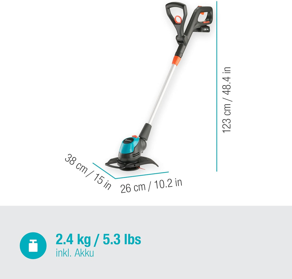 Gardena Akku-Trimmer EasyCut 23/18V P4A Ready-to-Use Set: Rasentrimmer mit 230 mm Schnittkreis, Verstellbarer Griff, Pflanzenschutzbügel und Stielneigungsverstellung, inkl. 18 V P4A Akku (14700-20)