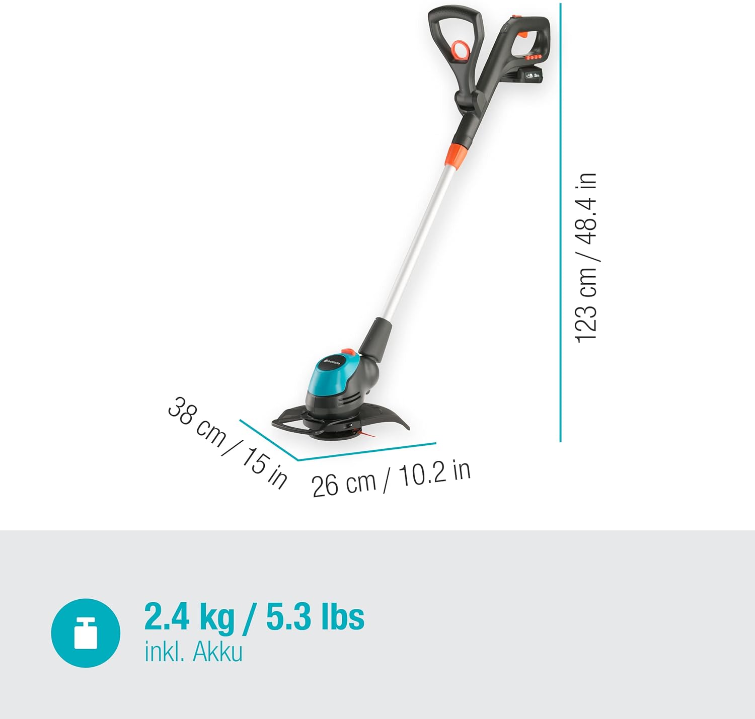 Gardena Akku-Trimmer EasyCut 23/18V P4A Ready-to-Use Set: Rasentrimmer mit 230 mm Schnittkreis, Verstellbarer Griff, Pflanzenschutzbügel und Stielneigungsverstellung, inkl. 18 V P4A Akku (14700-20)