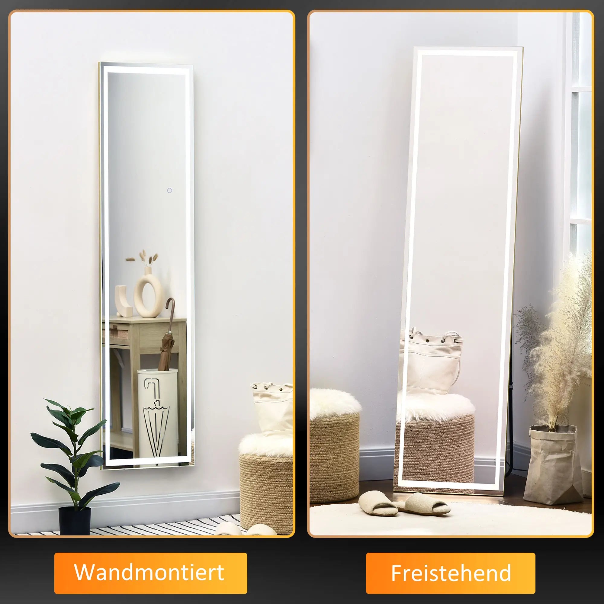HOMCOM Specchio da Terra LED Dimmerabile 3 Colori Luce da Parete
