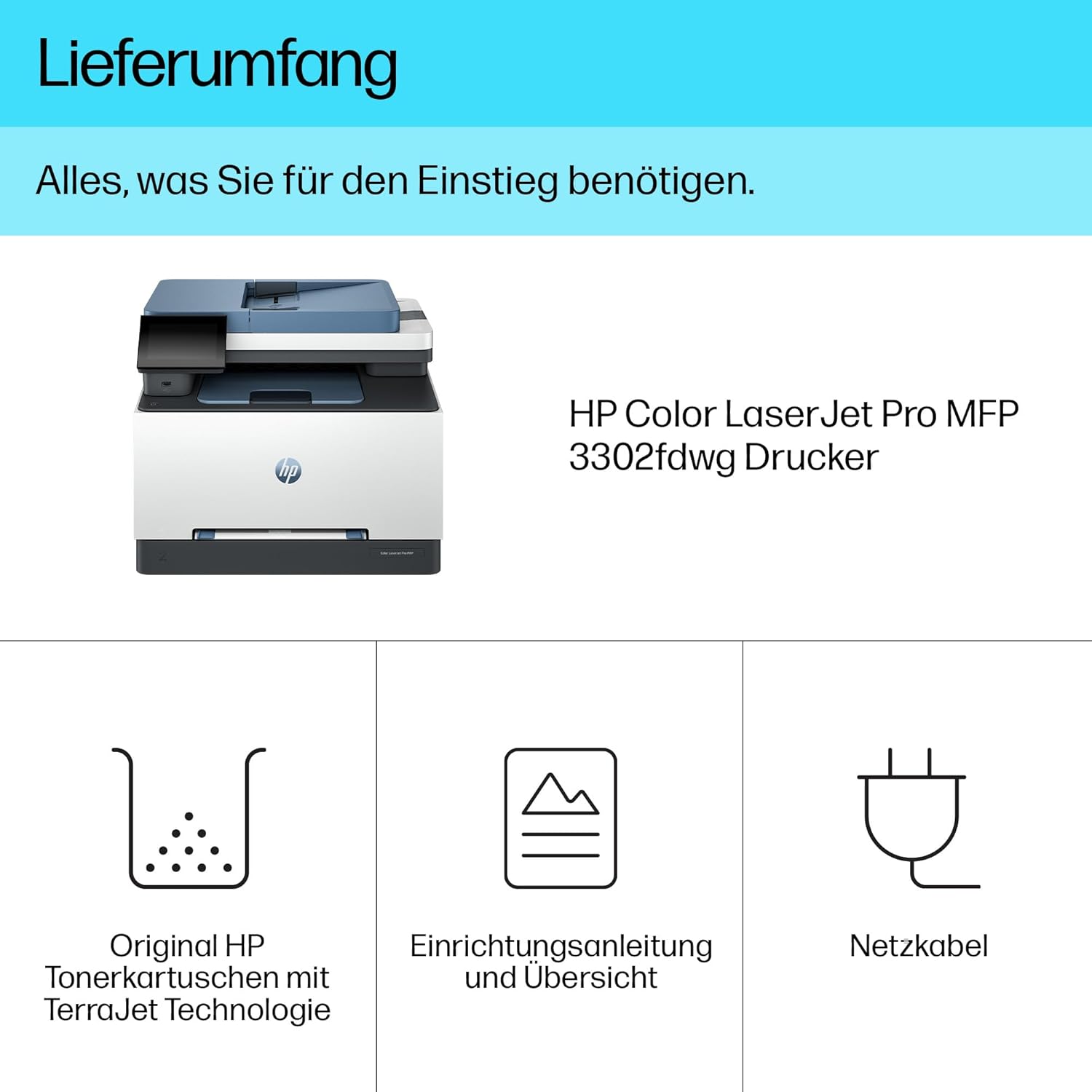 Stampante laser multifunzione a colori HP Color LaserJet Pro MFP 3302fdwg, Fax, Stampa automatica fronte/retro, Touchscreen, Wi-Fi, Ethernet, USB, HP Wolf Pro Security