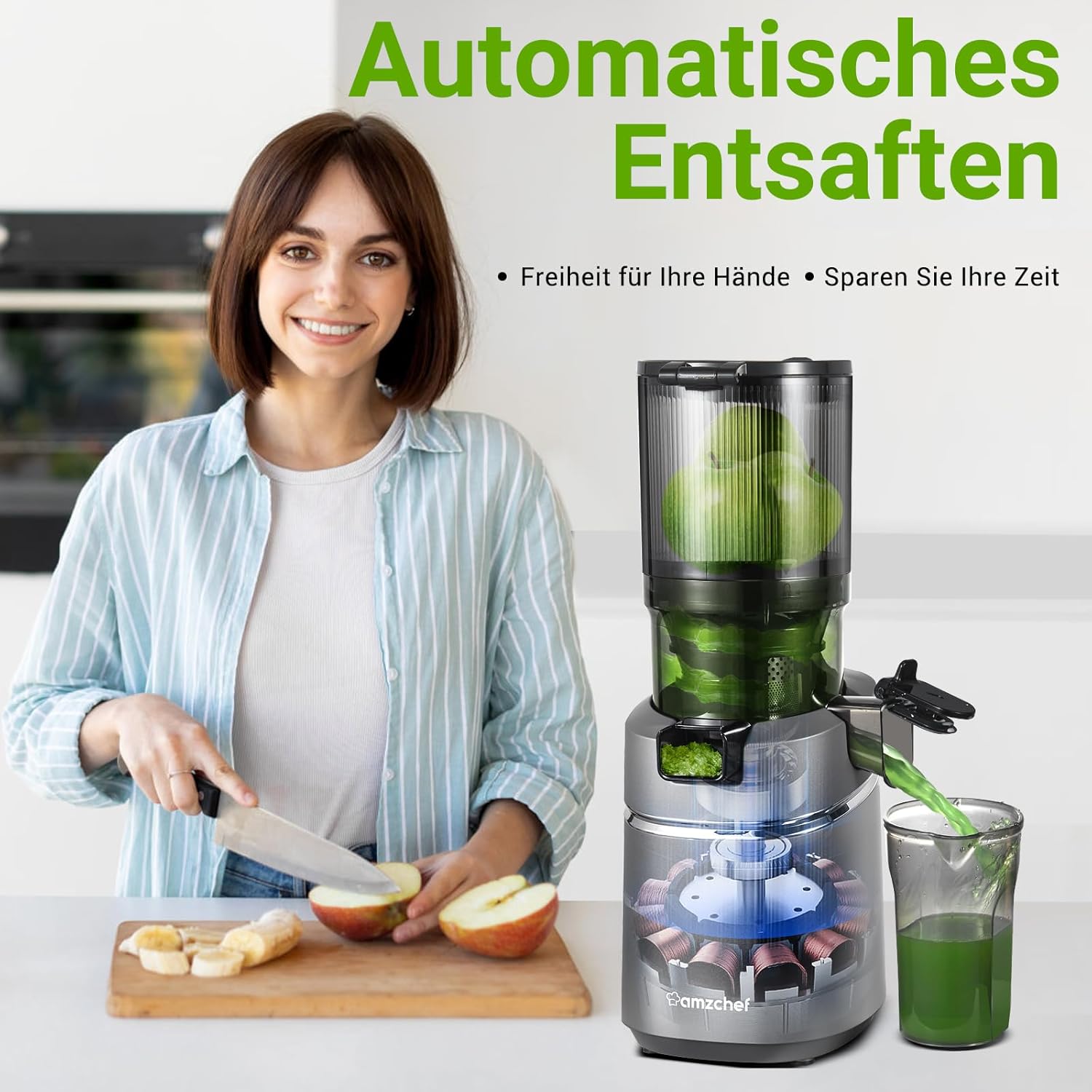 AMZCHEF Estrattore di Succo Automatico Tutto in Uno, Apertura da 135MM e Spremiagrumi da 1,8L per Frutta e Verdura, Estrattore di Succo Lento 250W Vincitore del Test con Triplo Filtro - Nero