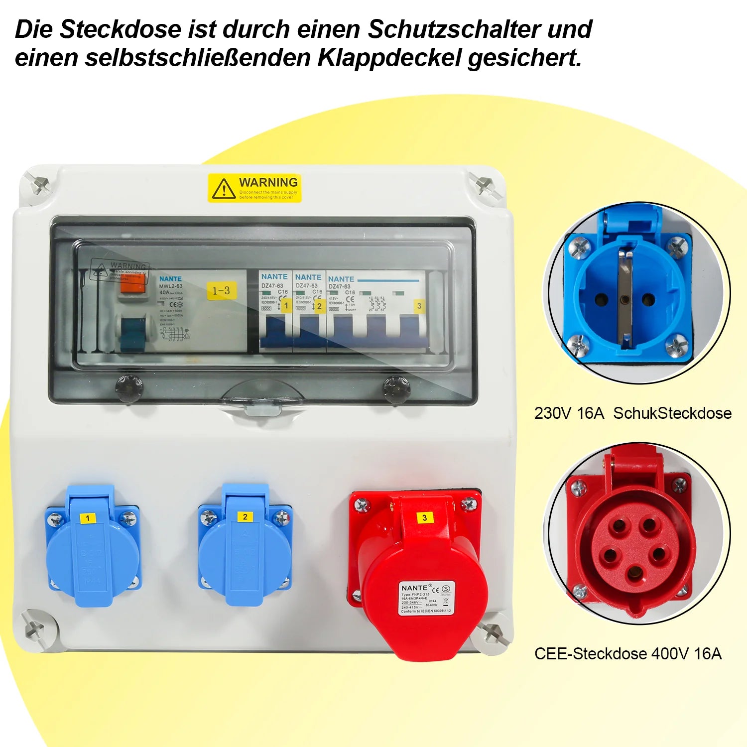 Sonnewelt Wandverteiler FI 2xSchuko-Steckdose und CEE-Steckdose 16A