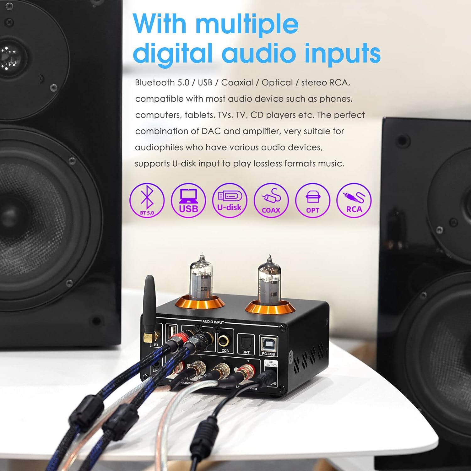 Douk Audio ST-01 PRO Amplificatore HiFi, Mini Amplificatore a Valvole da 200W con Bluetooth 5.0, VU Meter, Ingresso USB DAC Coassiale/Ottico (ST-01PRO)