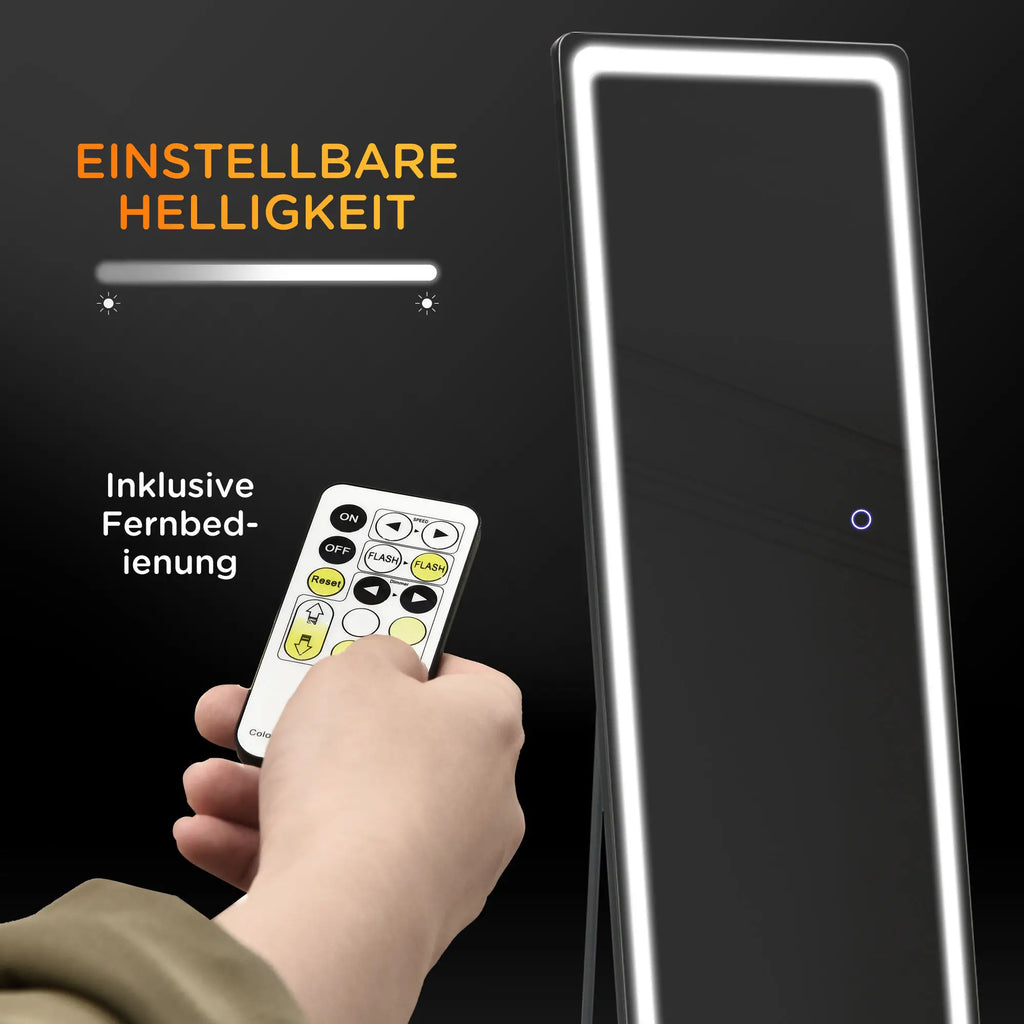 HOMCOM Specchio a figura intera a LED dimmerabile, 3 colori di luce, autoportante/a parete