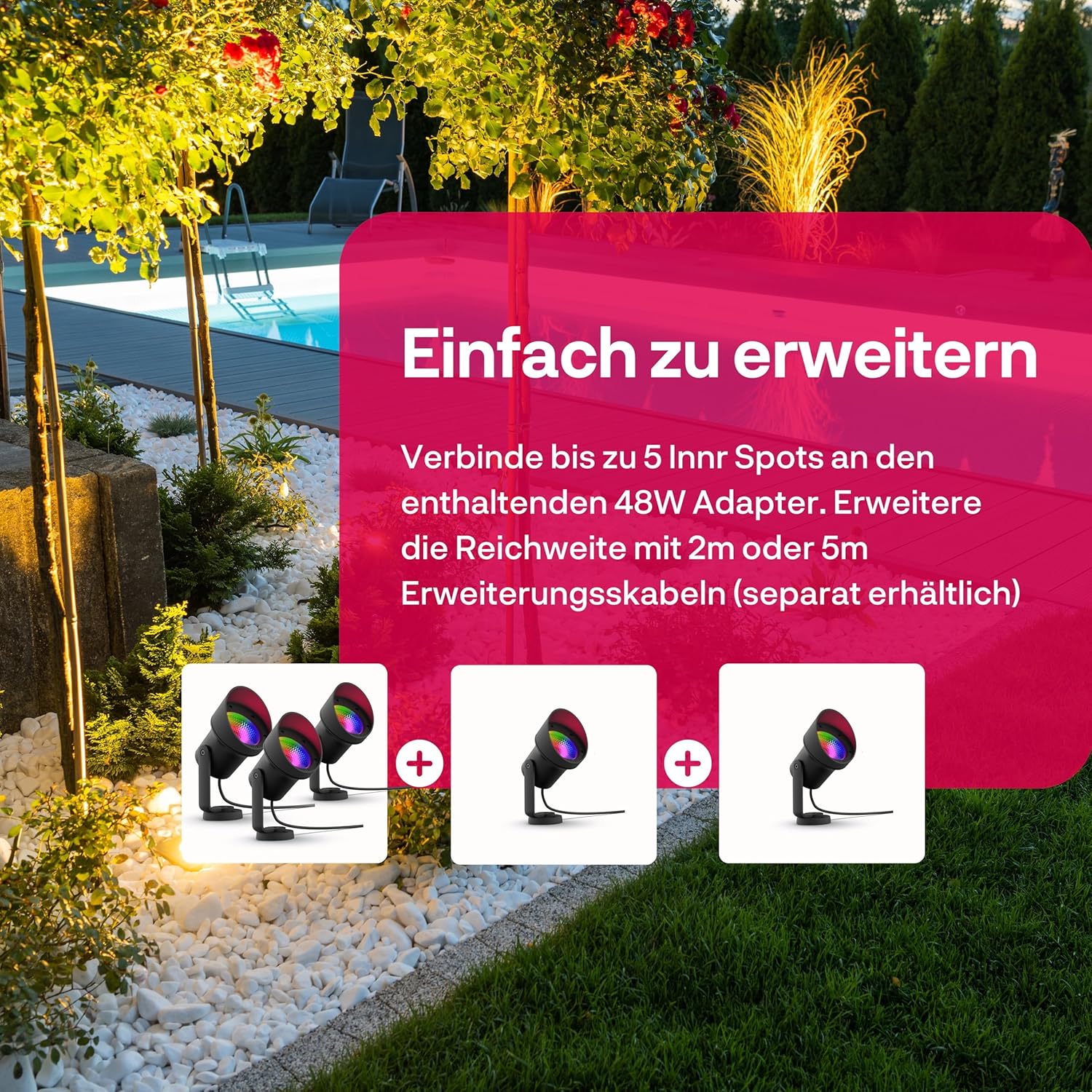 innr Smart Gartenstrahler, Zigbee, Funktioniert mit Hue* und Alexa (Bridge erforderlich), White & Color, LED Strahler, Spotlicht außen, Außenlampe, IP67 wasserdicht, Komplettset (3-Pack)
