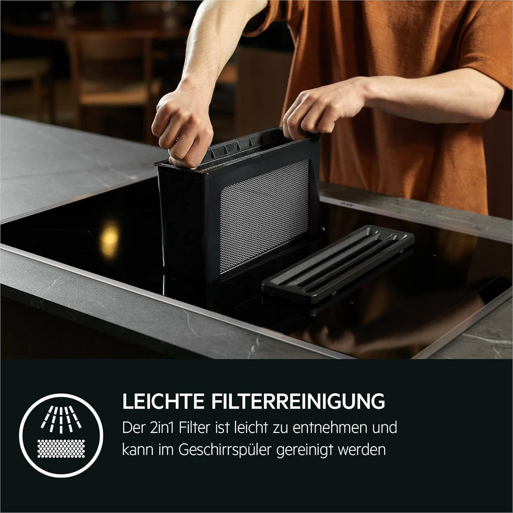 AEG piano cottura a induzione autonomo 80cm con cappa integrata / Prodotto in Germania / 4 zone cottura Flexi con funzione Bridge (combinazione di 2 zone) / Funzione automatica della cappa / Filtro a carbone attivo / COLI84COXB