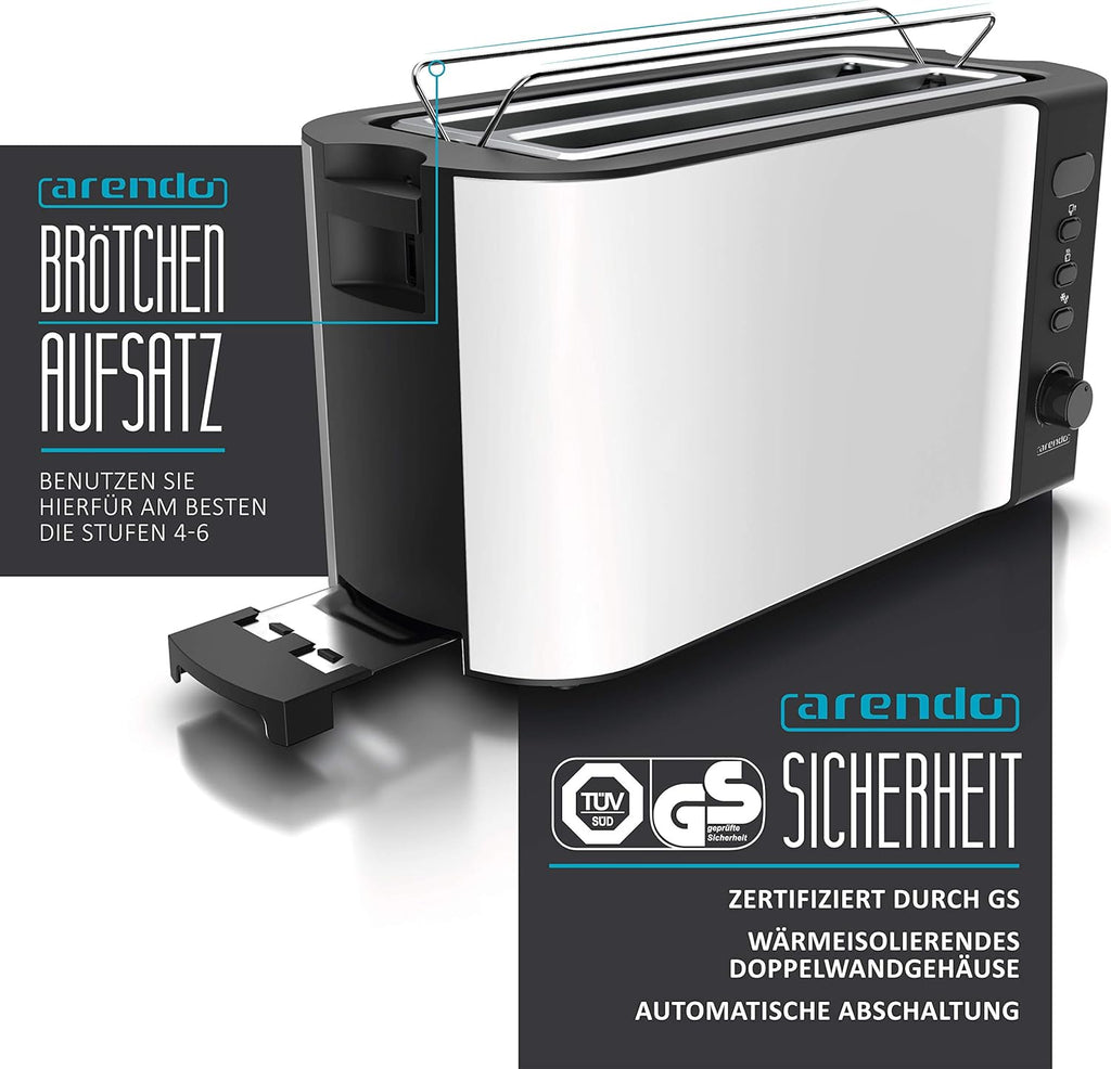 Arendo - Tostapane a fessura lunga in acciaio inox per 4 fette - Funzione scongelamento - Corpo isolante dal calore - Con scaldavivande integrato - Vassoio raccoglibriciole - Display con indicazione del tempo residuo - Nero opaco