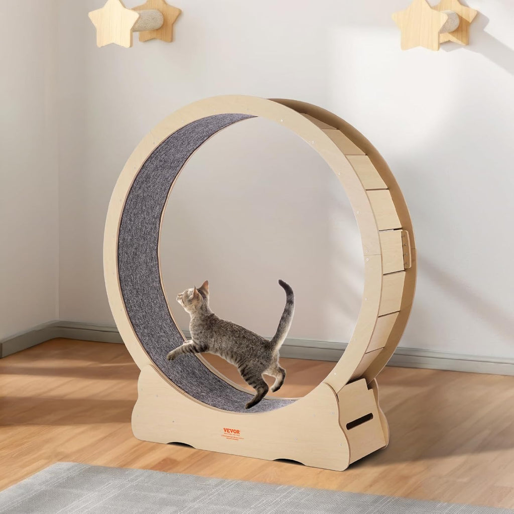 VEVOR Ruota Esercizio per Gatti in Legno, Tapis Roulant per Gatti da Interno da 132 cm, Ruota per Gatti con Moquette Rimovibile e Bacchetta Giocattolo per Gatti per Corsa/Camminata/Esercizio, Adatta per la Maggior Parte dei Gatti Fino a 13 kg
