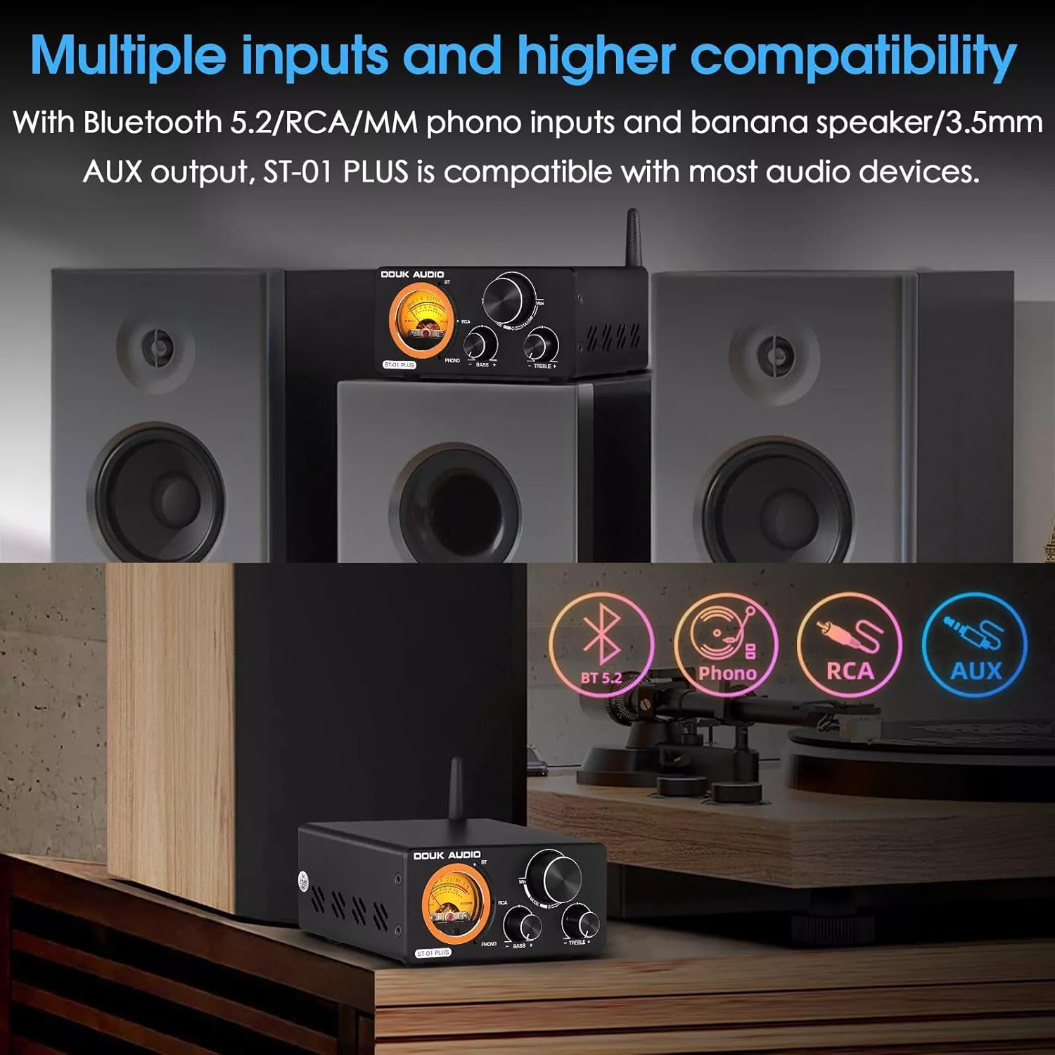 Douk Audio ST-01 PRO Amplificatore HiFi, Mini Amplificatore a Valvole da 200W con Bluetooth 5.0, VU Meter, Ingresso USB DAC Coassiale/Ottico (ST-01PRO)