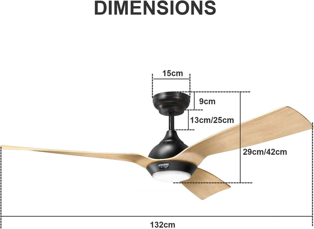 reiga Ventilatore da soffitto WiFi 132 CM con illuminazione a LED dimmerabile e telecomando, 3 temperature di colore, motore DC 6 velocità, compatibile con l'App Alexa Google Home, legno e marrone