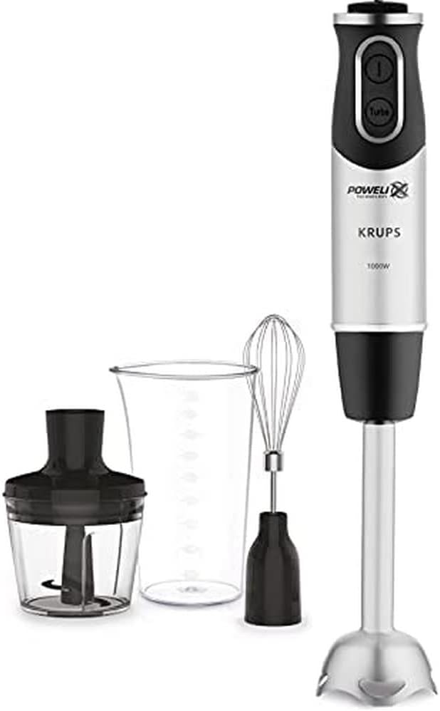 Krups Perfect Mix Stabmixer HZ6568 | Blender | 1000 Watt | Edelstahlfu | 4 extra scharfe Messer | Powelix Technologie | Schneebesen | 500 ml Zerkleinerer | 800 ml Messbecher | Schwarz/Silber