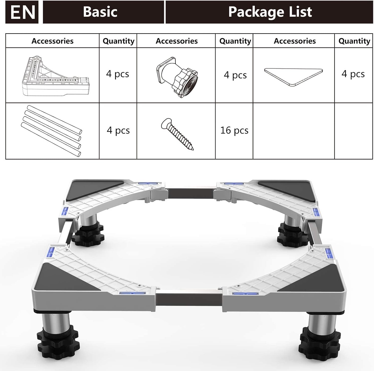 DEWEL Base Regolabile per Lavatrice, Carico Massimo 300KG, Supporto Piedistallo per Asciugatrice, Frigorifero, Congelatore, Larghezza 45-65cm, Altezza 18–22cm, Bianco