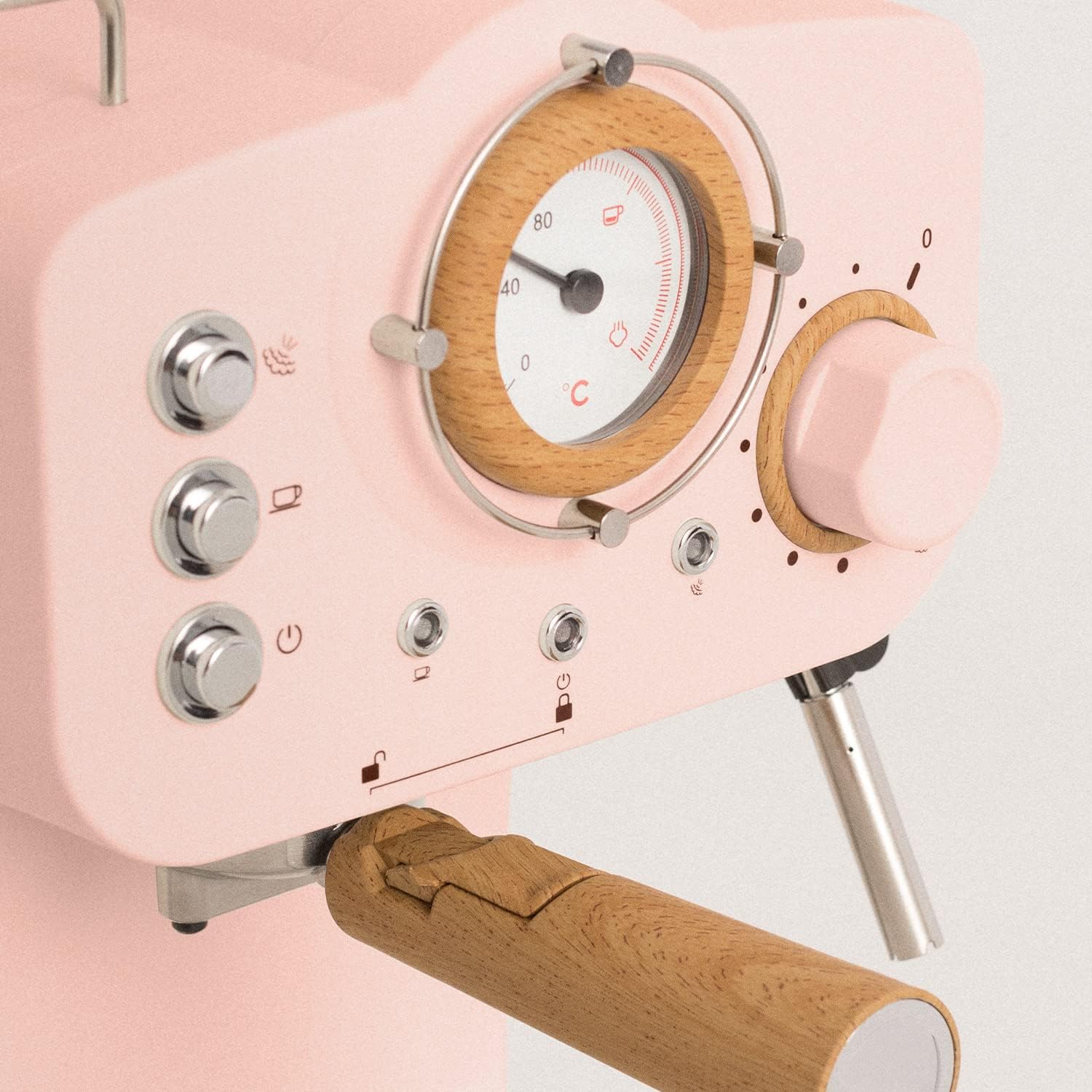 CREATE / THERA RETRO/Macchina da caffè espresso semiautomatica Rosa Pastello Opaco e Legno / Pompa a pressione 20bar, 1100W, Serbatoio acqua 1.25L, per caffè macinato, cialde ESE 55mm, con vaporizzatore, 1100W