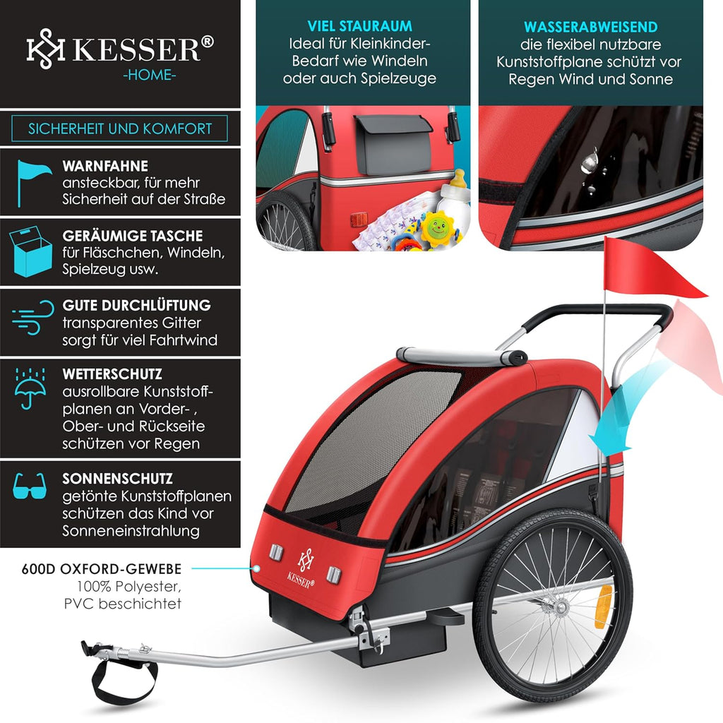 KESSER® Kinderfahrradanhänger Sport-RX 2in1 Jogger & Buggy 5-Punkt-Gurt Sicherheitsgurt 360° Vorderrad Kinderfahrradanhänger Reflektoren für 1-2 Kinder (max. 40 kg) Getränkehalter & Smartphonefach