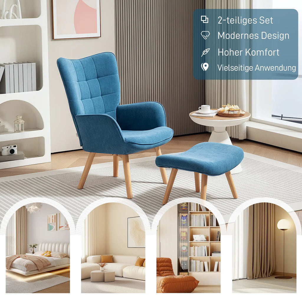 Poltrona relax HOMCOM con poggiapiedi design accattivante gambe in alto velluto a coste blu
