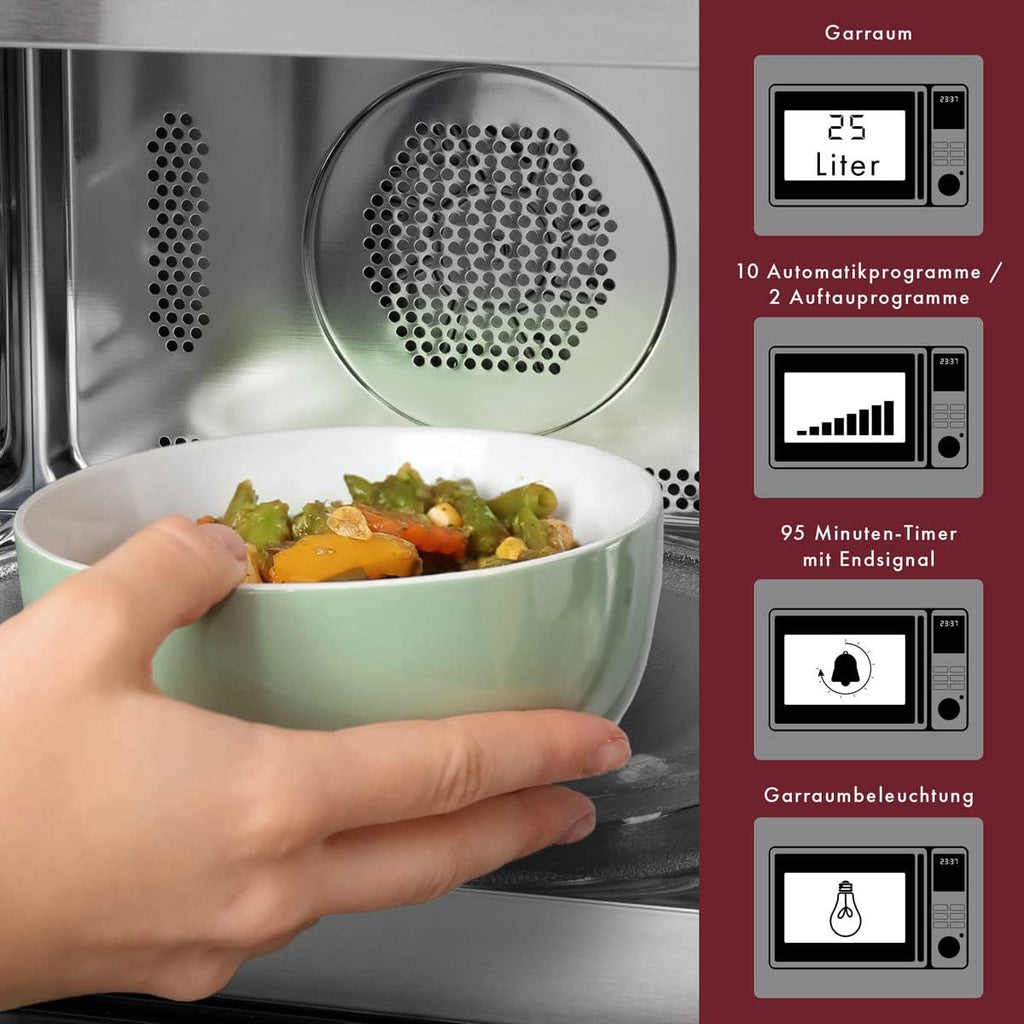 Bomann 3in1 Einbau-Mikrowelle mit Grill und Heiluft, Microwave, 25 L Garraum, 10 Automatikprogramme, Auftaufunktion, inkl. Grillrost und Drehteller ( 32 cm), 900 Watt, Edelstahl, MWG 2216 H EB