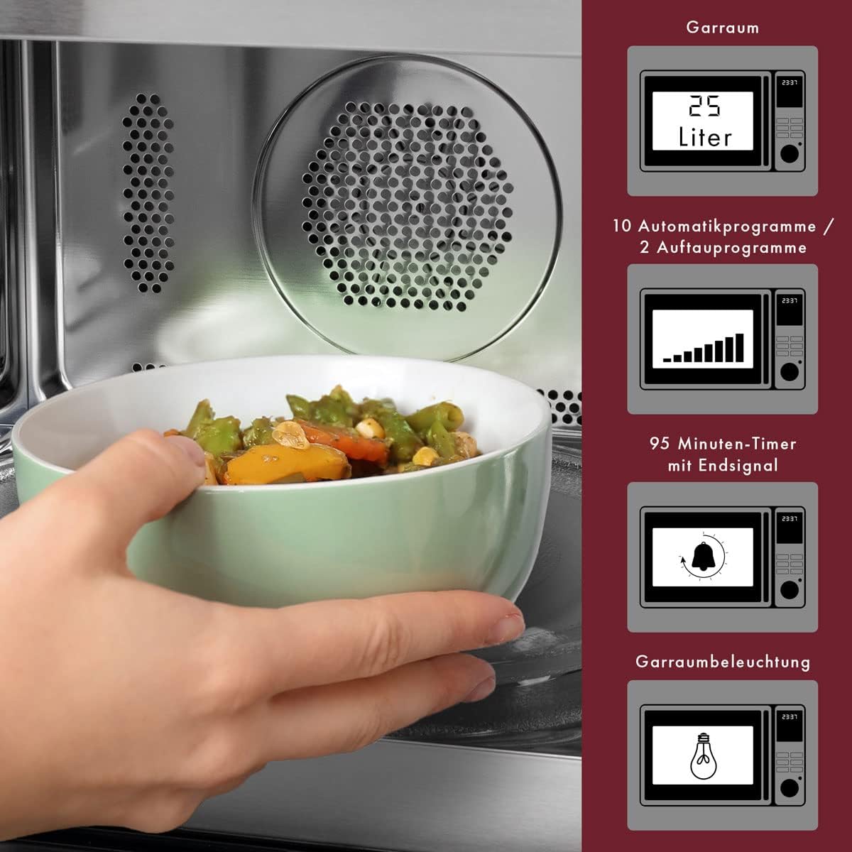 Bomann 3in1 Einbau-Mikrowelle mit Grill und Heiluft, Microwave, 25 L Garraum, 10 Automatikprogramme, Auftaufunktion, inkl. Grillrost und Drehteller ( 32 cm), 900 Watt, Edelstahl, MWG 2216 H EB