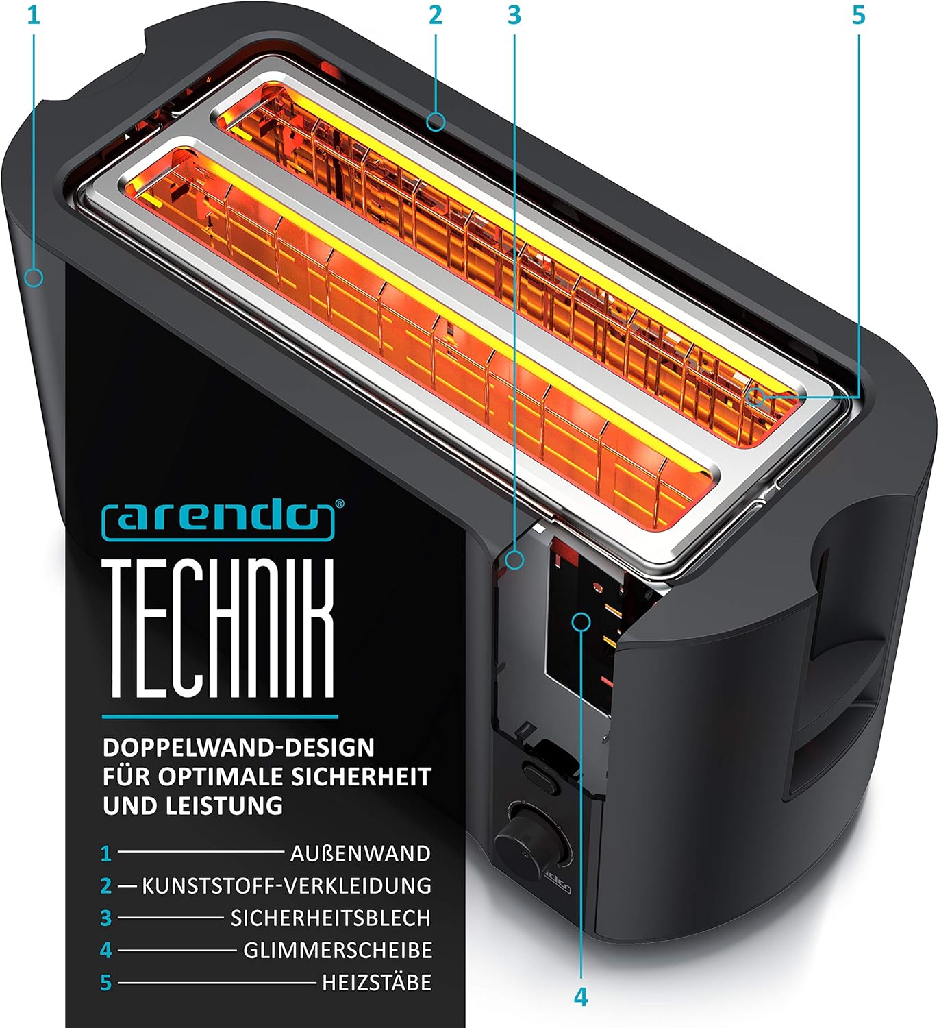 Arendo - Tostapane a fessura lunga in acciaio inox per 4 fette - Funzione scongelamento - Corpo isolante dal calore - Con scaldavivande integrato - Vassoio raccoglibriciole - Display con indicazione del tempo residuo - Nero opaco
