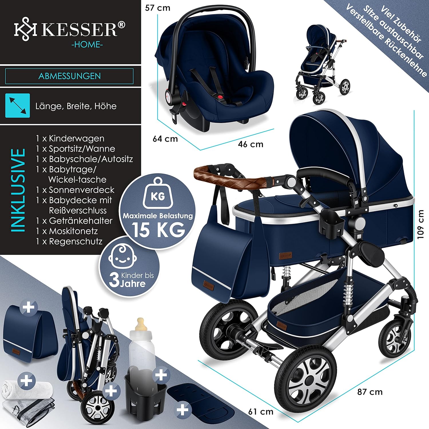 KESSER Loops 3 in 1 Passeggino Combinato, Set Completo con Navicella, Seduta Sportiva Buggy e Seggiolino Auto Ovetto, Gomme Piene, Borsa Fasciatoio, Parapioggia, Tavolino, ECE R129, Nero/Champagne