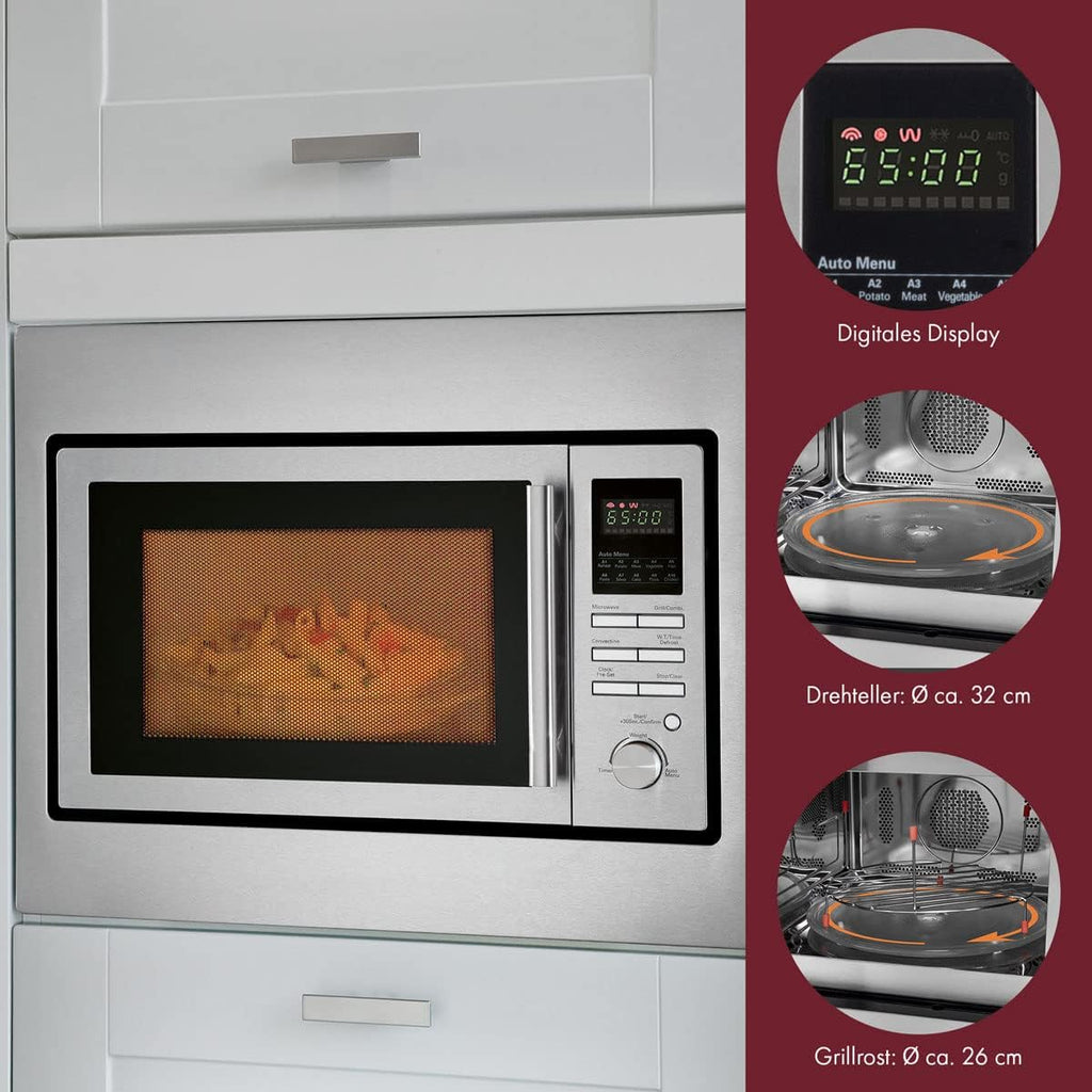 Bomann 3in1 Einbau-Mikrowelle mit Grill und Heiluft, Microwave, 25 L Garraum, 10 Automatikprogramme, Auftaufunktion, inkl. Grillrost und Drehteller ( 32 cm), 900 Watt, Edelstahl, MWG 2216 H EB