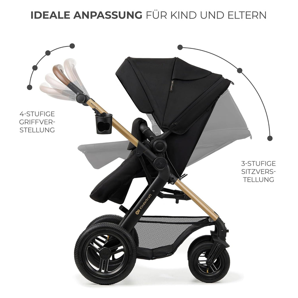 Kinderkraft MOOV2 AIR Passeggino 3 in 1, Set da 26 kg con seggiolino auto I-SIZE 40-75 cm, funzione passeggino, schienale reclinabile, ampia cappottina estensibile, ruote gonfiabili, grigio