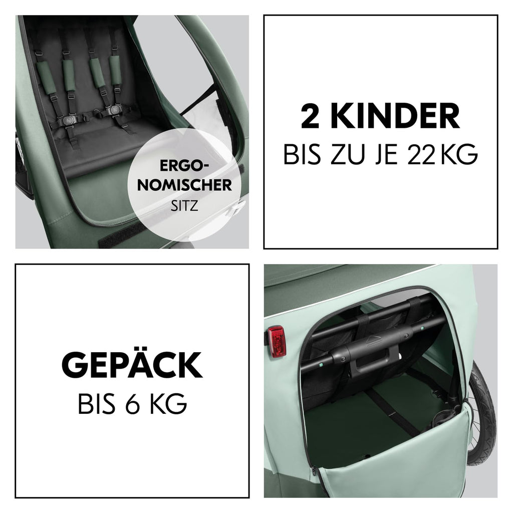 hauck Rimorchio Bici & Passeggino Dryk Duo Plus con Sospensioni, per 2 Bambini (6-48 mesi), incl. Timone, Ruota da Passeggino, Bandierina e Luce LED, Pieghevole, Regolabile in Altezza, Baule XL (Verde Scuro)