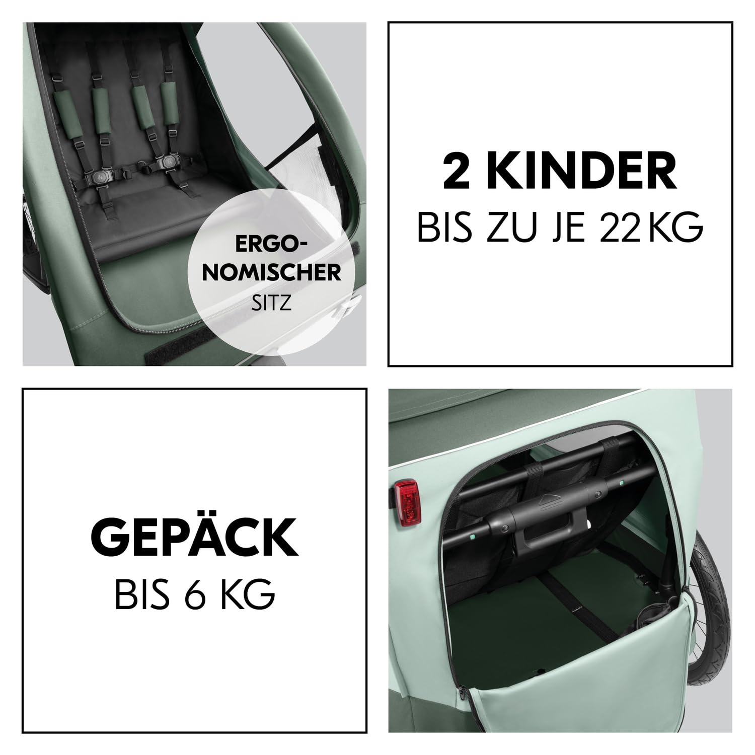 hauck Rimorchio Bici & Passeggino Dryk Duo Plus con Sospensioni, per 2 Bambini (6-48 mesi), incl. Timone, Ruota da Passeggino, Bandierina e Luce LED, Pieghevole, Regolabile in Altezza, Baule XL (Verde Scuro)
