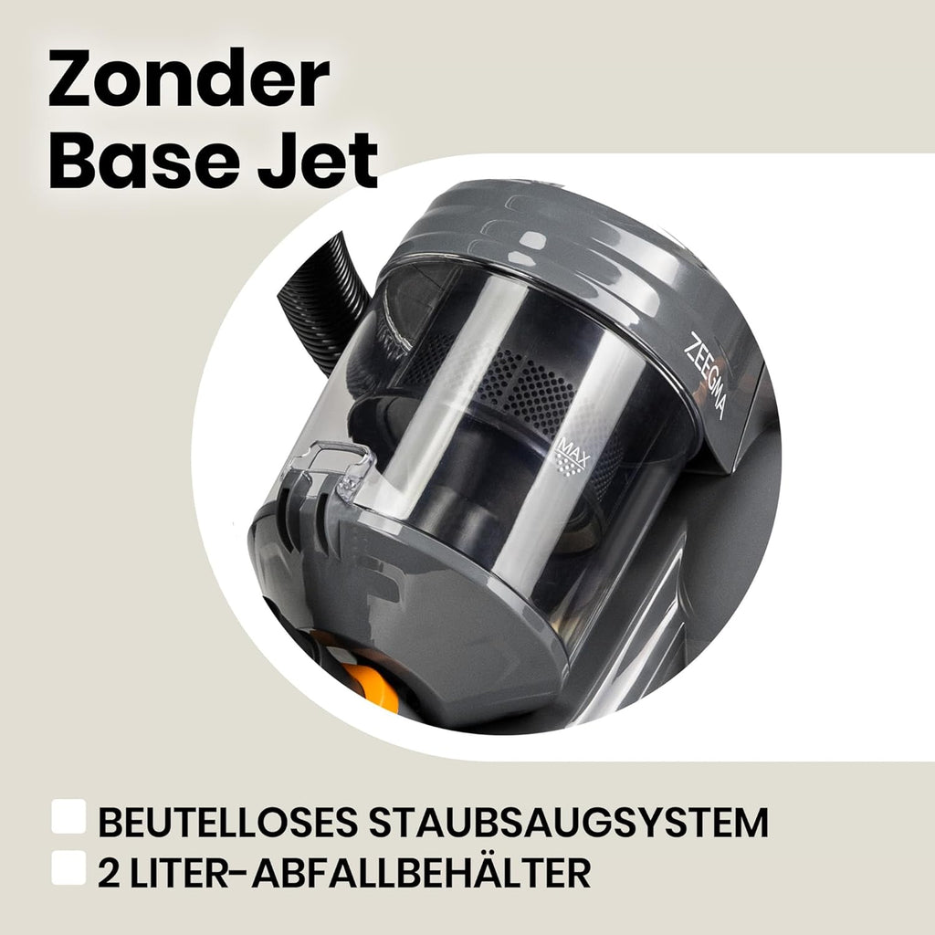 ZEEGMA Zonder Base Jet Staubsauger beutellos mit Set von Aufstzen, Leistung 899W Saugleistung 20 000 Pa, Zyklontechnologie, Turbobürste, 2 HEPA Filter, Staubbehlter 2L
