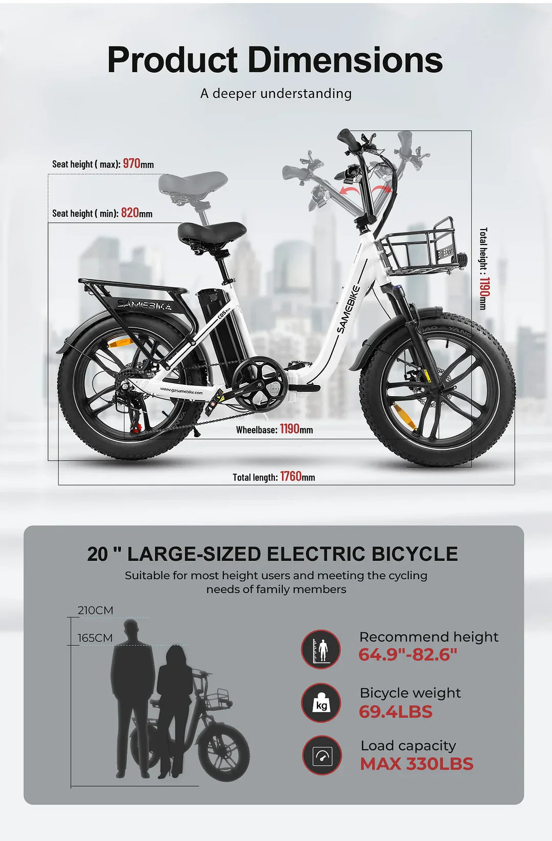 SAMEBIKE C05 Pro E-Bike Fat Tire pieghevole con telaio a passo basso, batteria 36V 13Ah e motore 500W