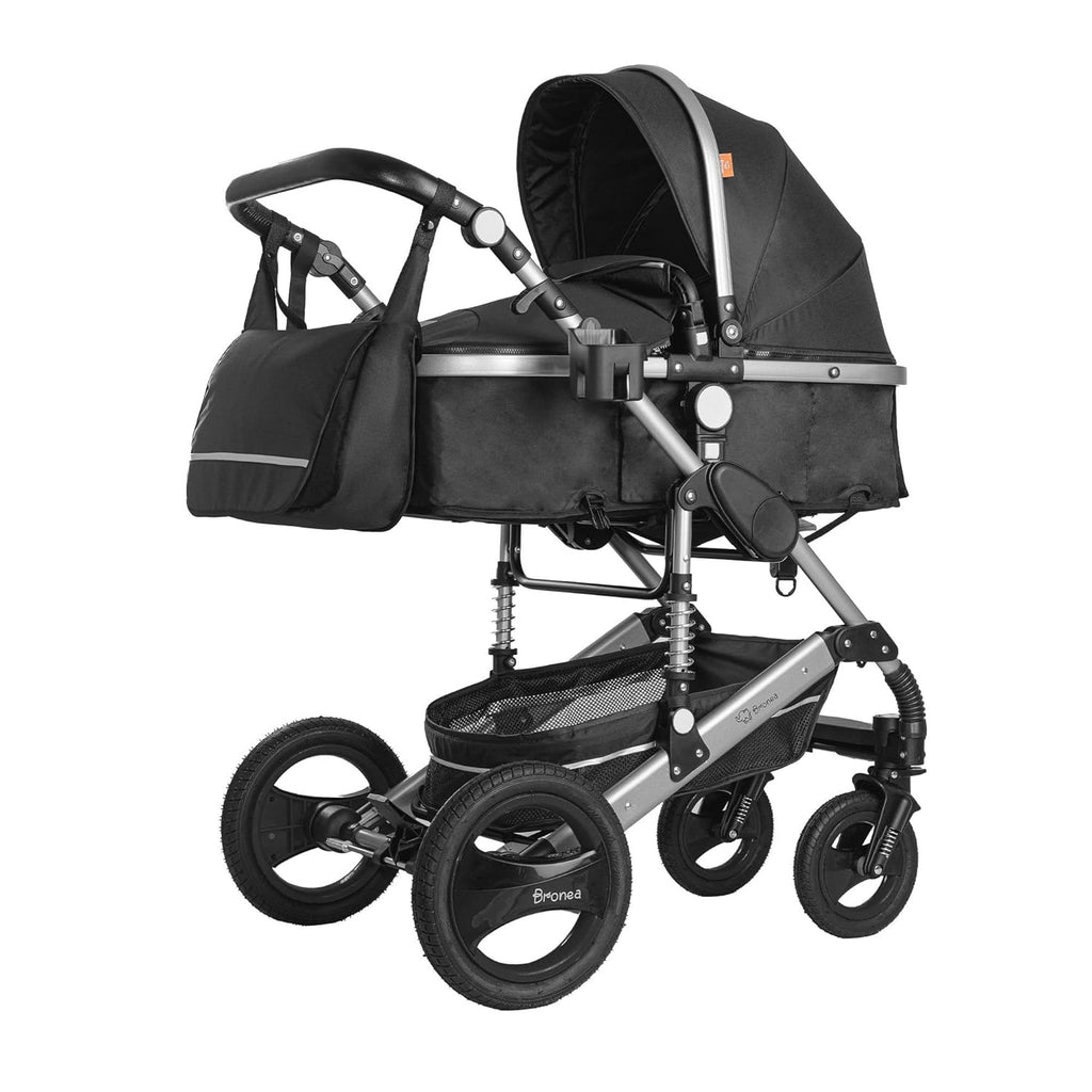 Bronea EXQUISE Kombi-Kinderwagen 3 in 1 INKL. MATRATZE | FARBAUSWAHL | Buggy, Auto-Babyschale, Zusammenklappbar mit Wickeltasche, Regenschutz, Mückenschutz & Sonnenschutz, Farbe:schwarz/champagne