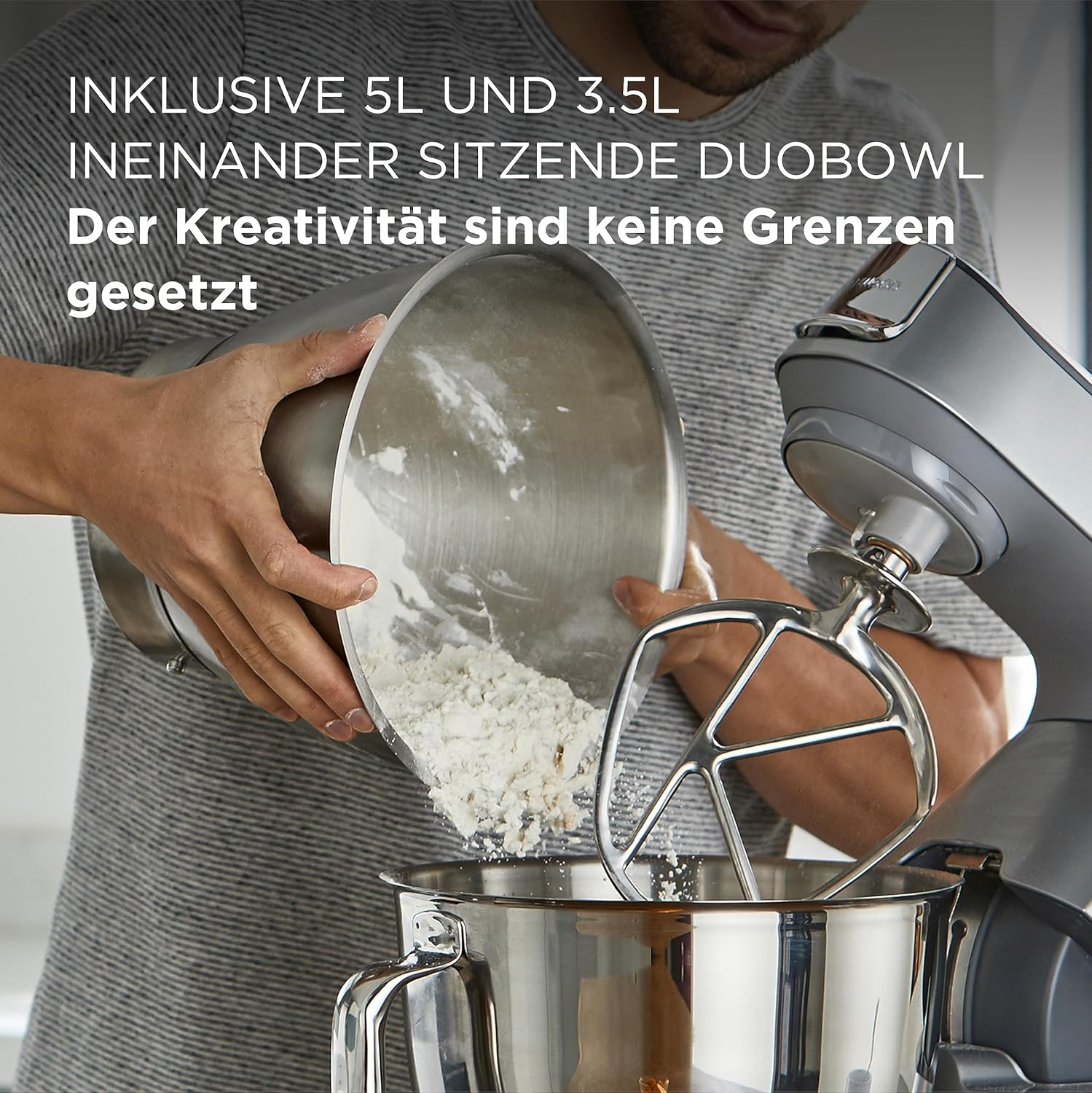 Kenwood Titanium Chef Baker KVL85.424SI Robot da cucina con bilancia integrata, incl. set pasticceria da 4 pezzi, ciotole da 7 L e 5 L, regolazione continua della velocità, 1200 W, Argento
