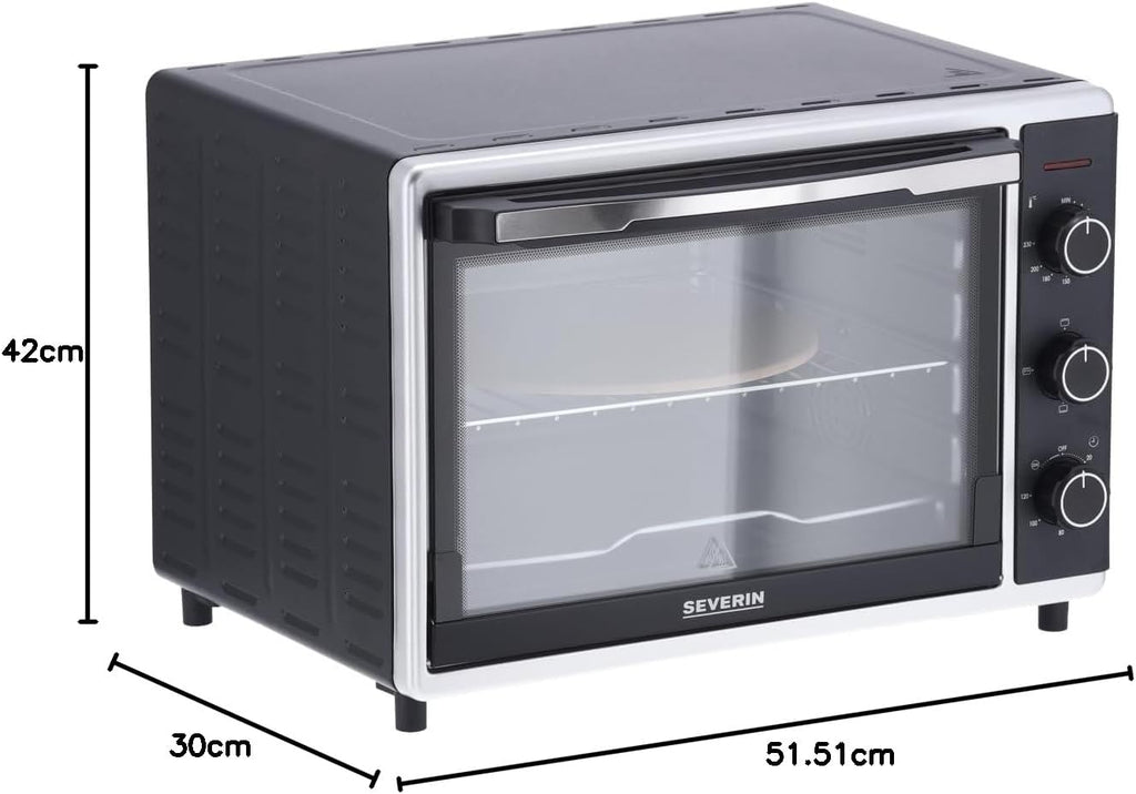 SEVERIN Forno e Tostapane con funzione ventilata, Mini Forno con griglia, teglia da forno, spiedo rotante e pietra per pizza, forno ventilato versatile con capacità di 42 L, 1.800 W, nero, TO 2058